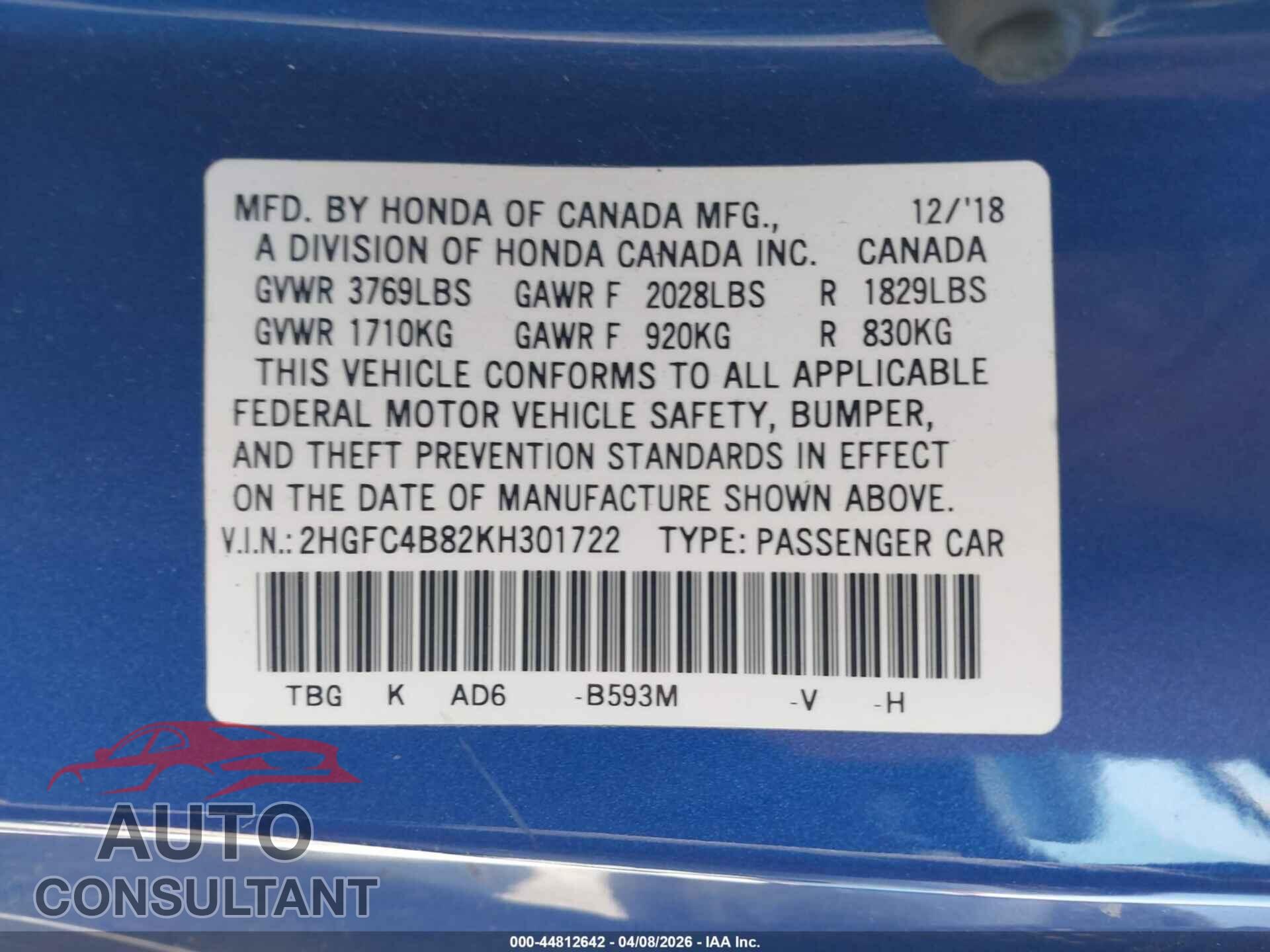 HONDA CIVIC 2019 - 2HGFC4B82KH301722