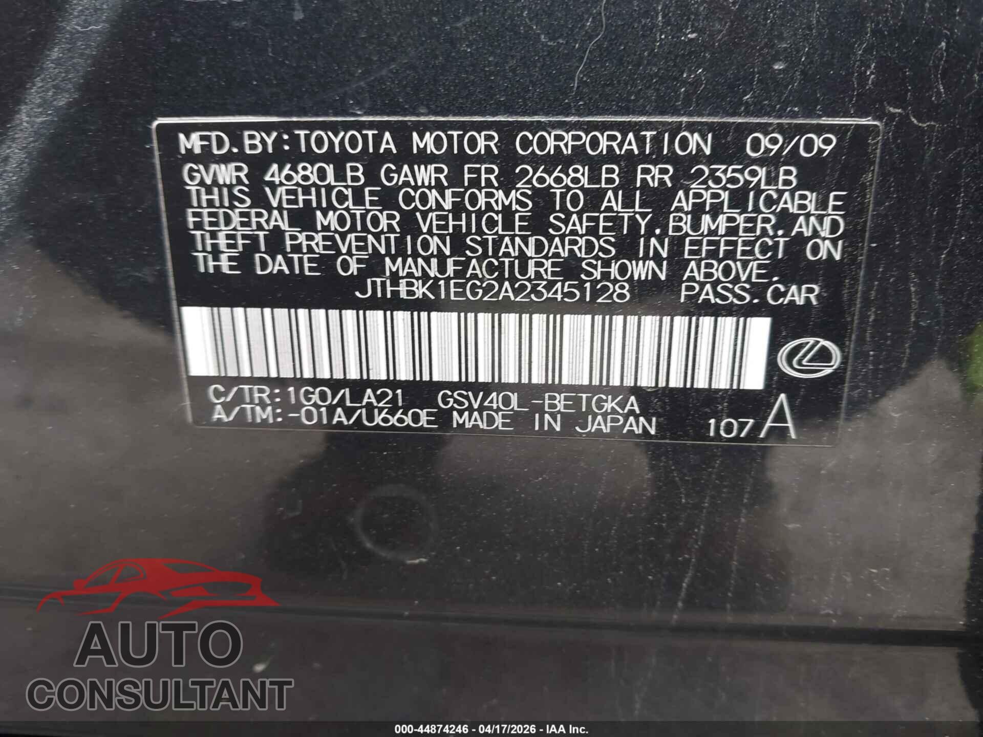 LEXUS ES 350 2010 - JTHBK1EG2A2345128