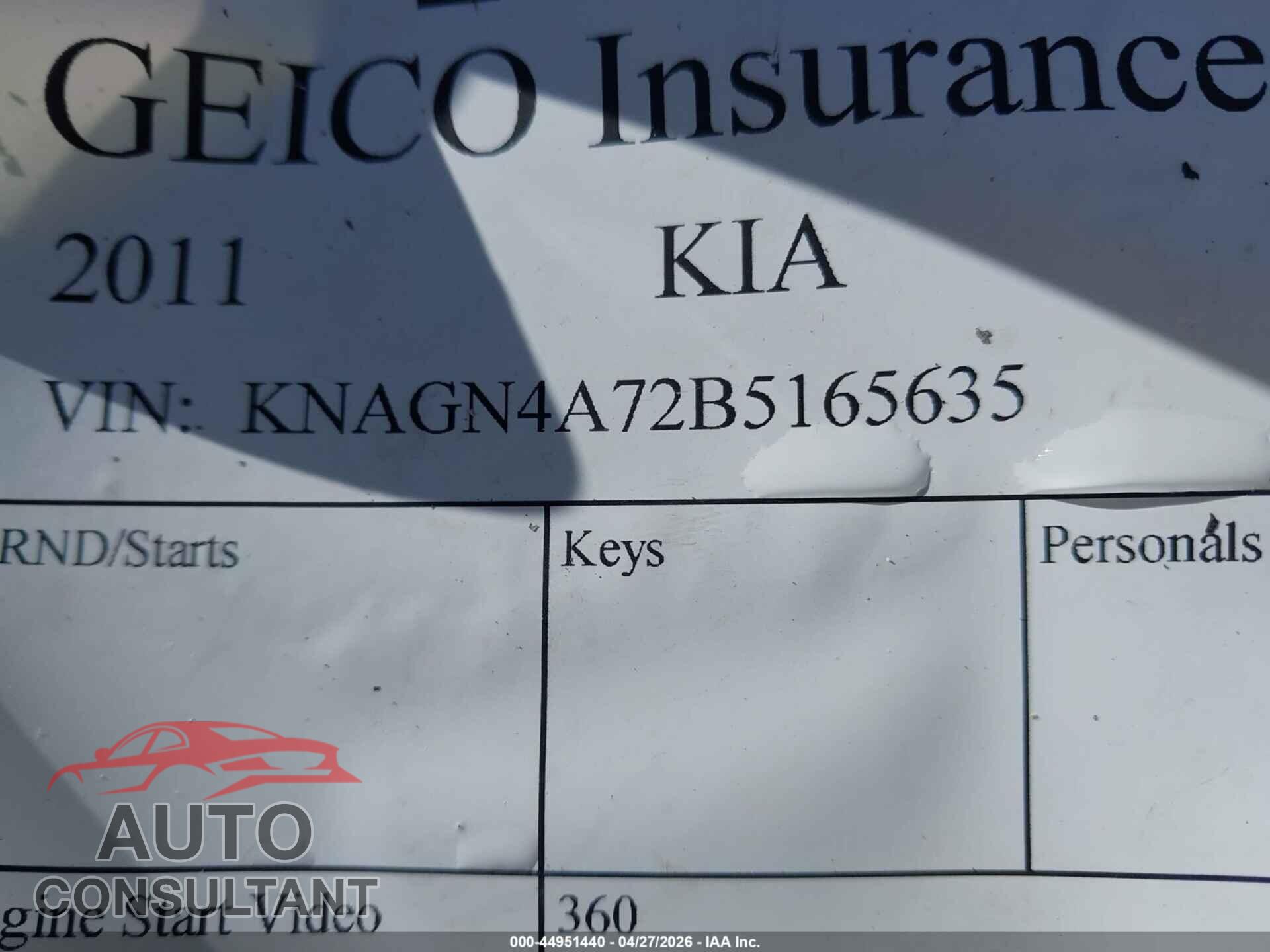 KIA OPTIMA 2011 - KNAGN4A72B5165635
