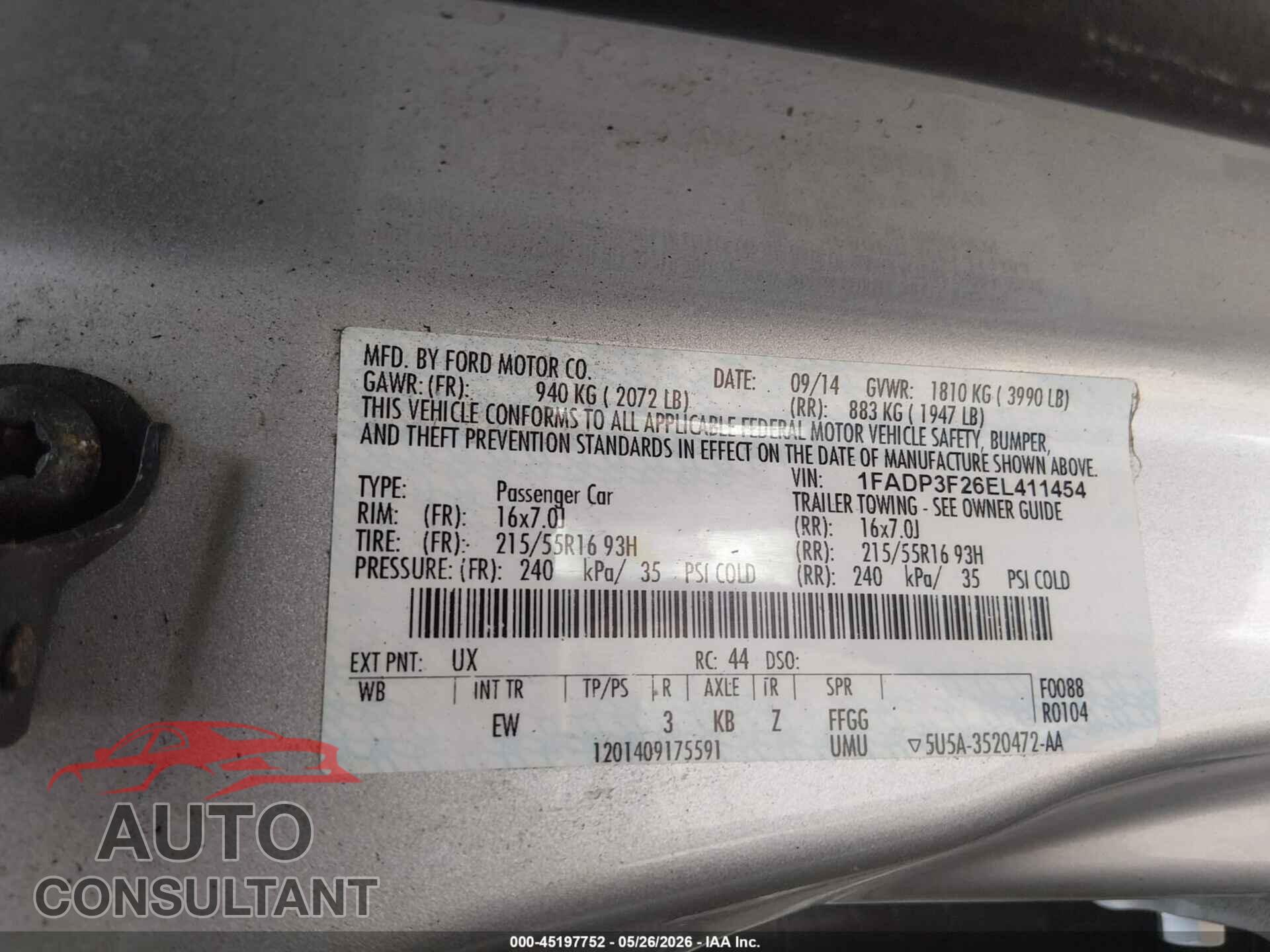 FORD FOCUS 2014 - 1FADP3F26EL411454
