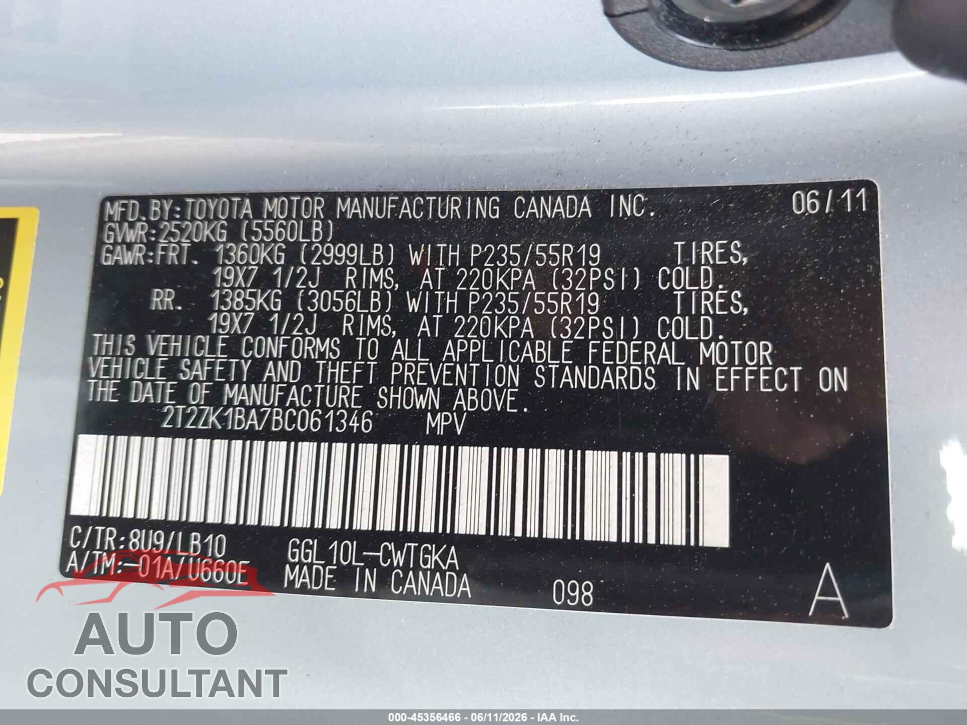 LEXUS RX 350 2011 - 2T2ZK1BA7BC061346