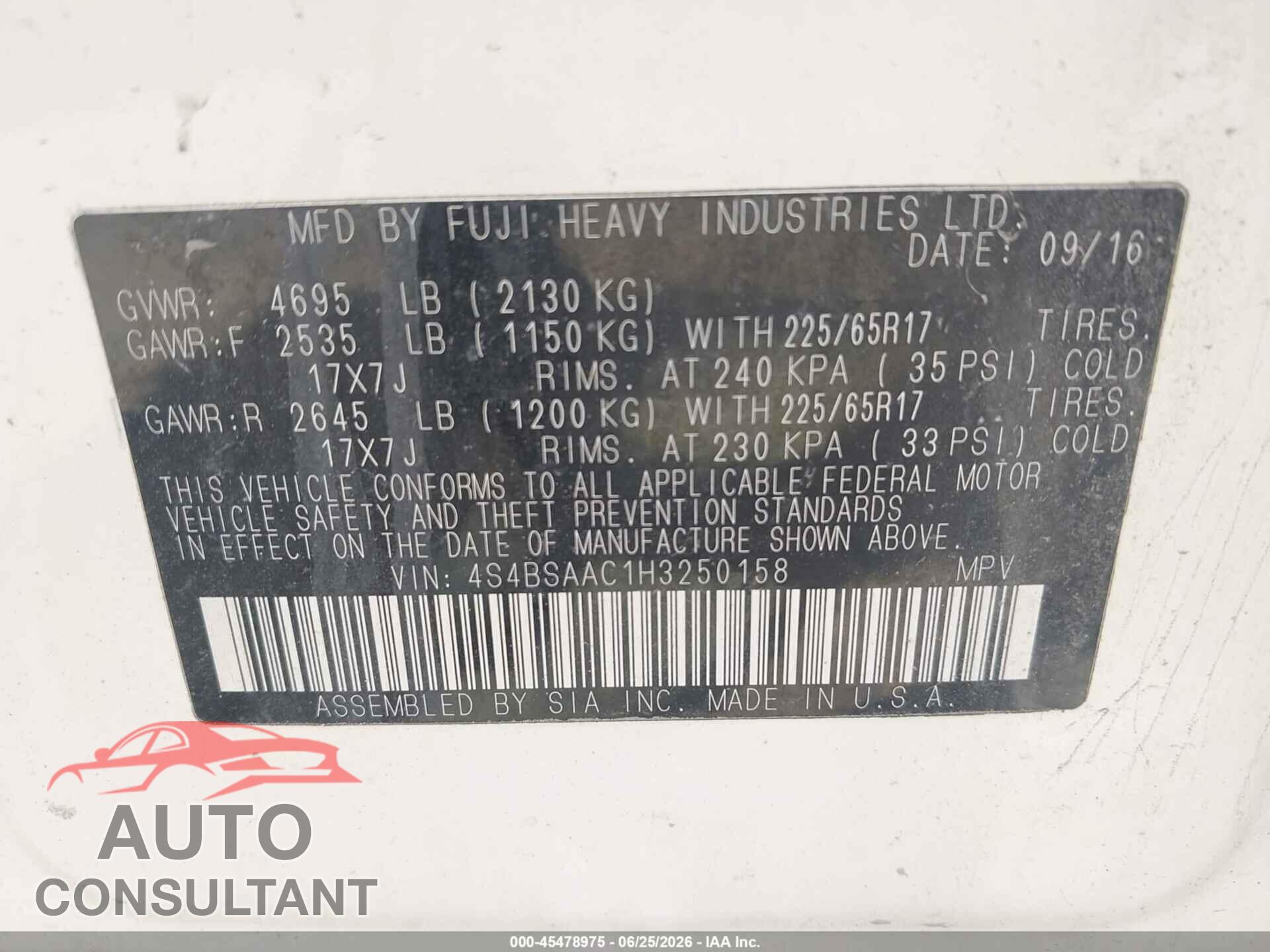 SUBARU OUTBACK 2017 - 4S4BSAAC1H3250158