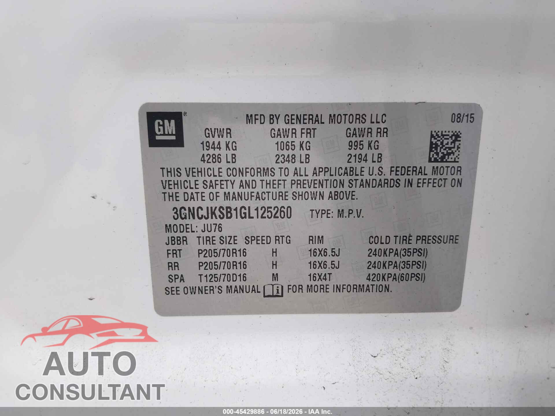 CHEVROLET TRAX 2016 - 3GNCJKSB1GL125260