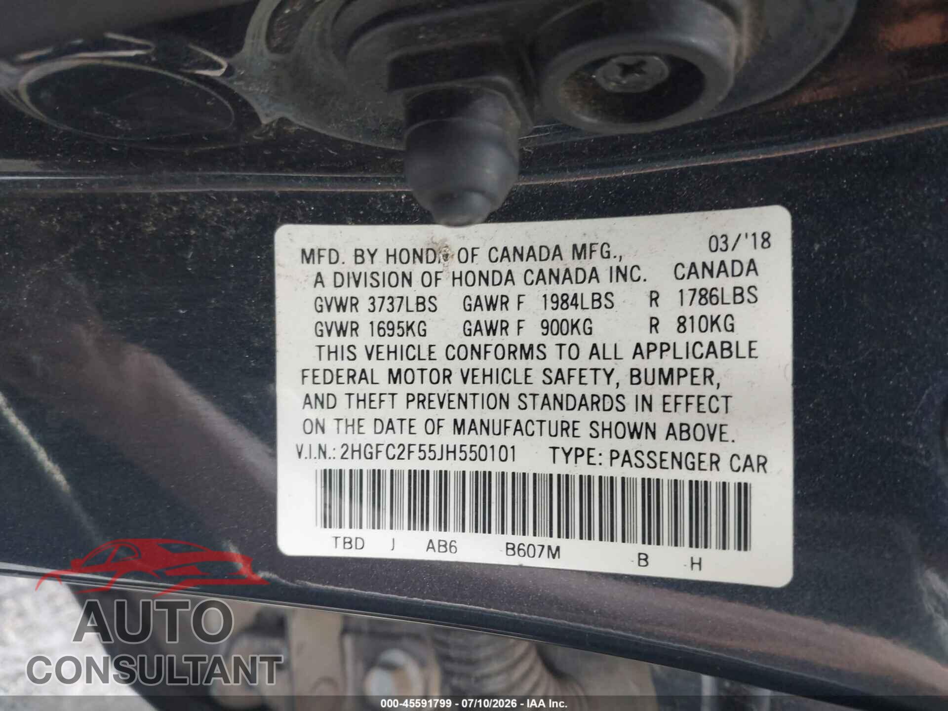 HONDA CIVIC 2018 - 2HGFC2F55JH550101