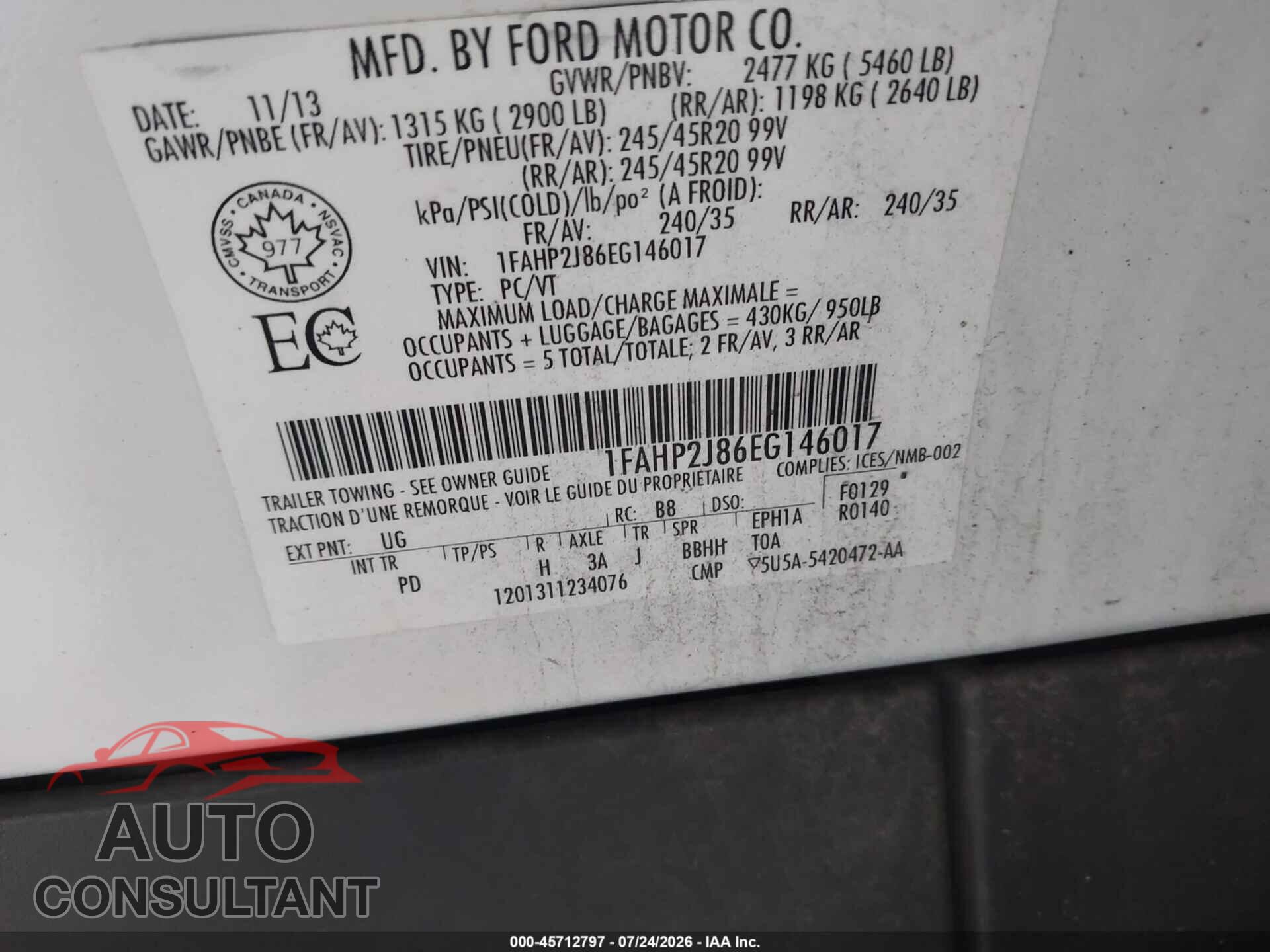FORD TAURUS 2014 - 1FAHP2J86EG146017