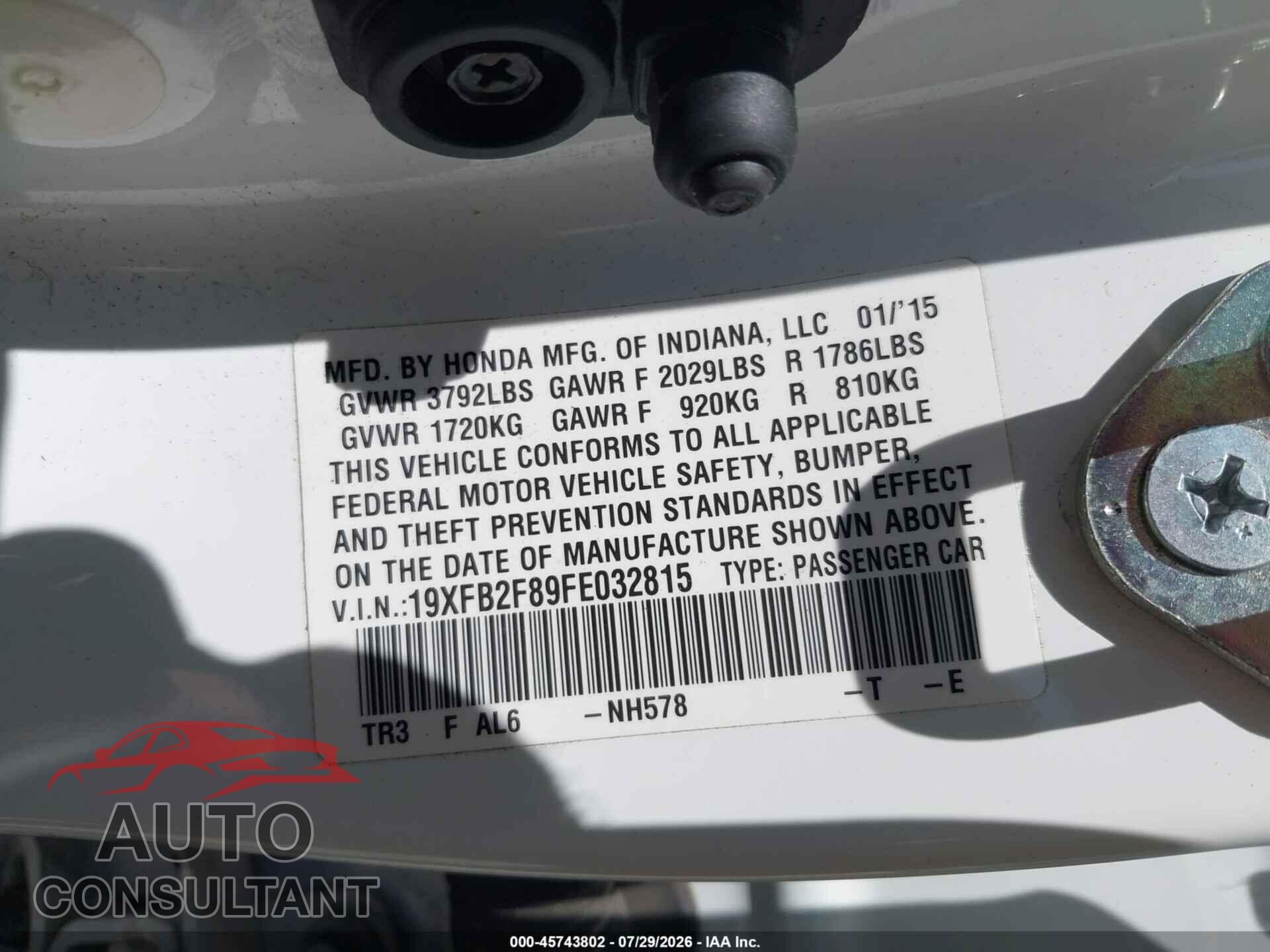 HONDA CIVIC 2015 - 19XFB2F89FE032815