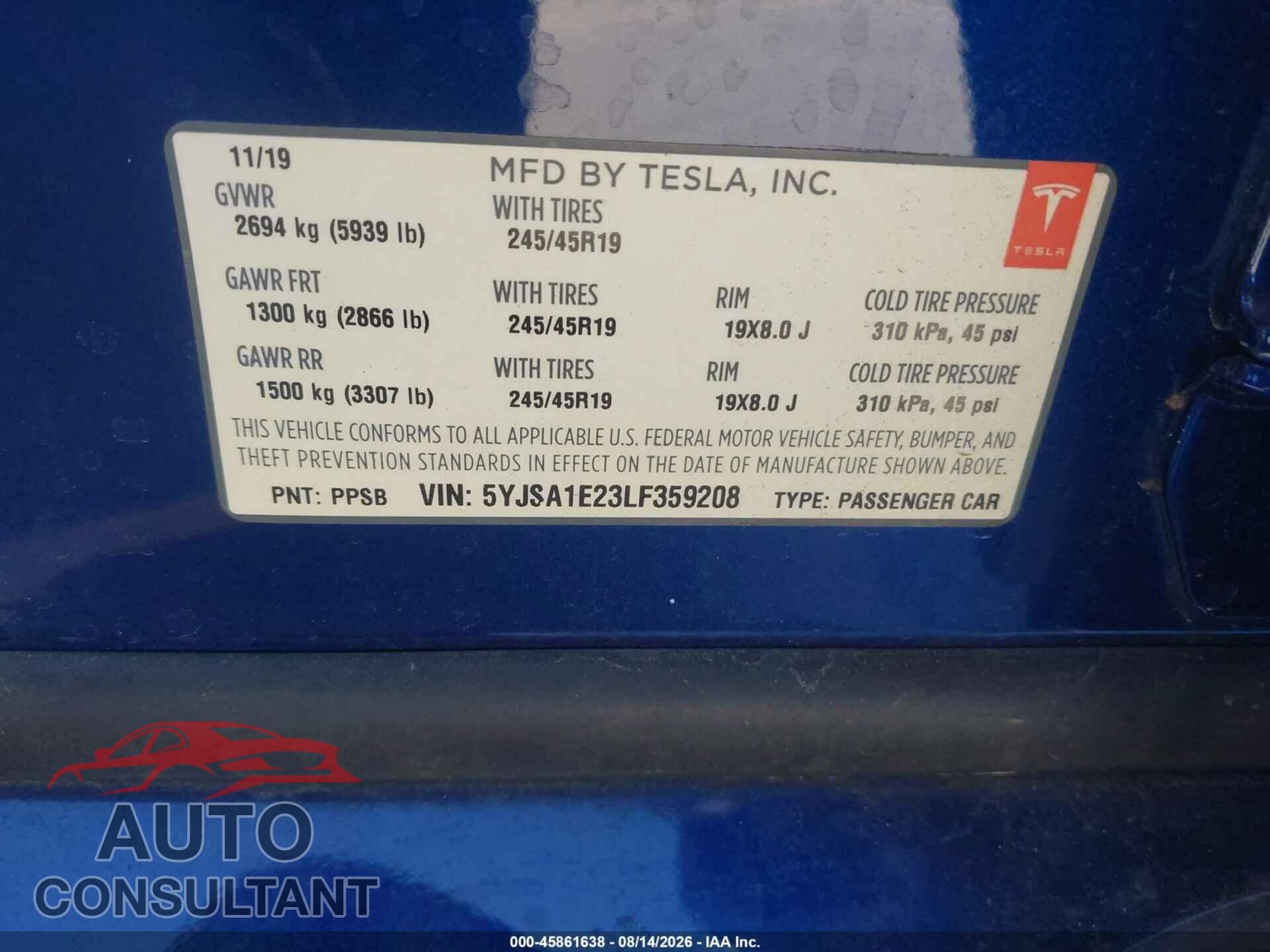 TESLA MODEL S 2020 - 5YJSA1E23LF359208