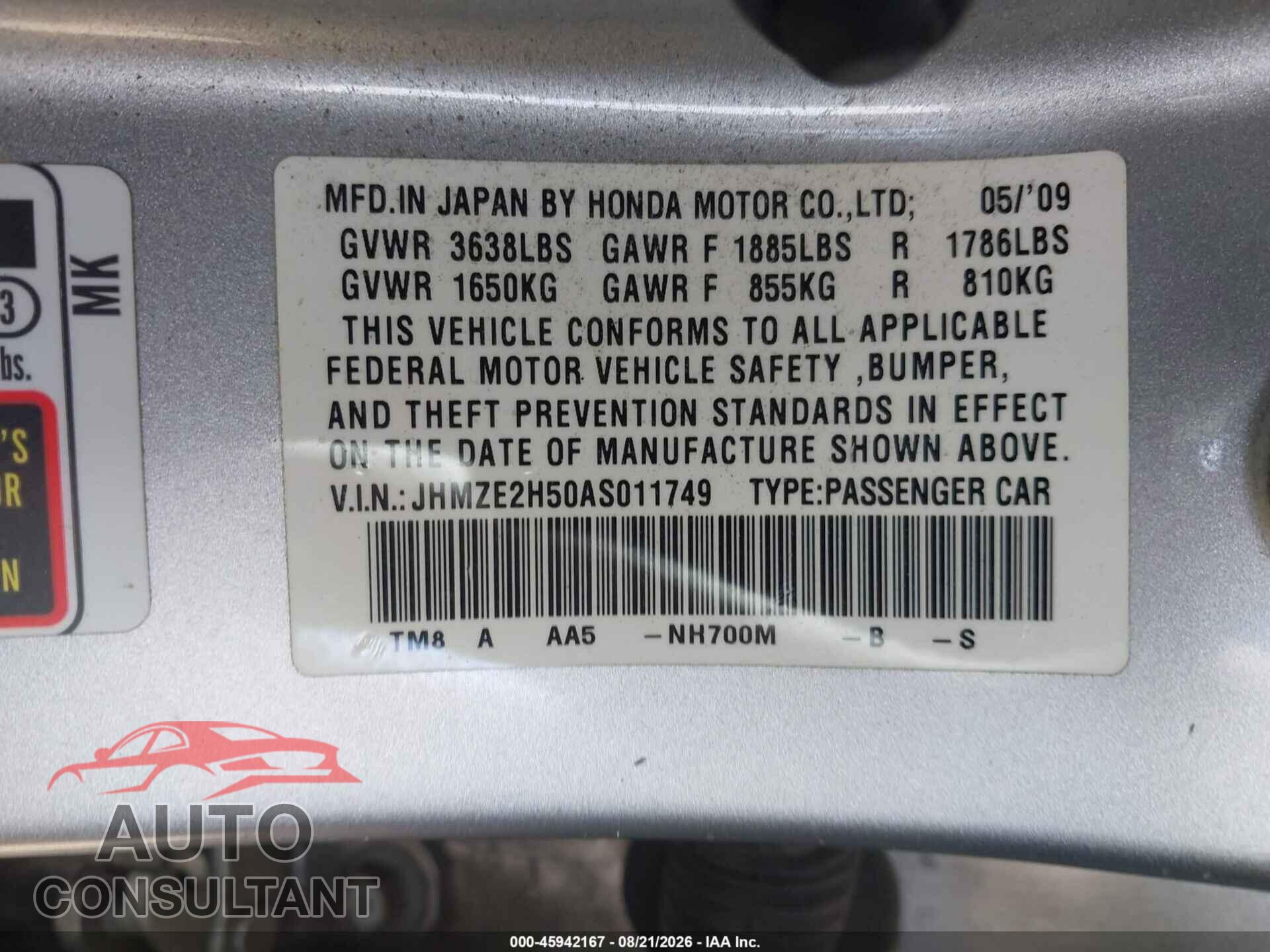 HONDA INSIGHT 2010 - JHMZE2H50AS011749