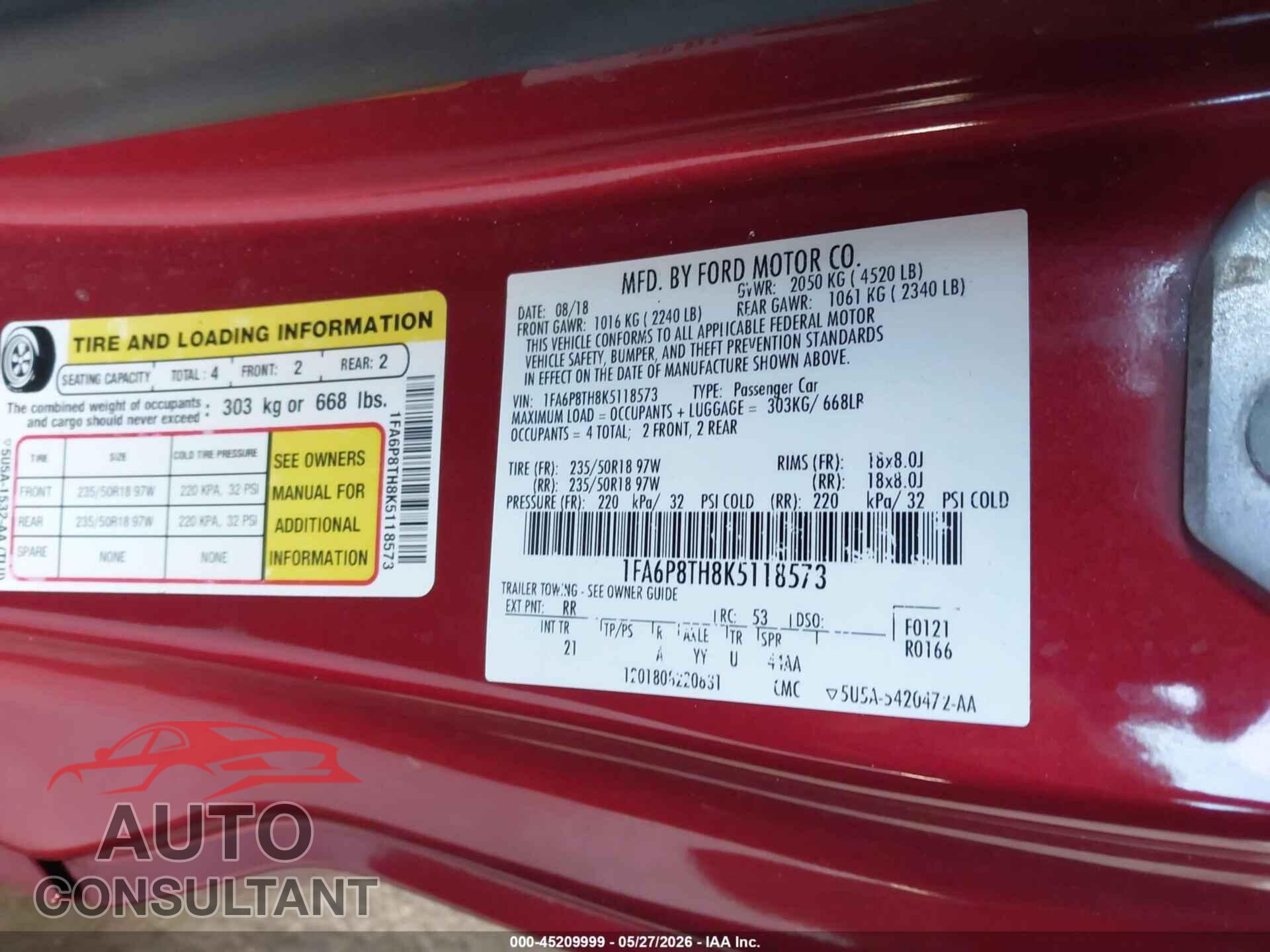 FORD MUSTANG 2019 - 1FA6P8TH8K5118573