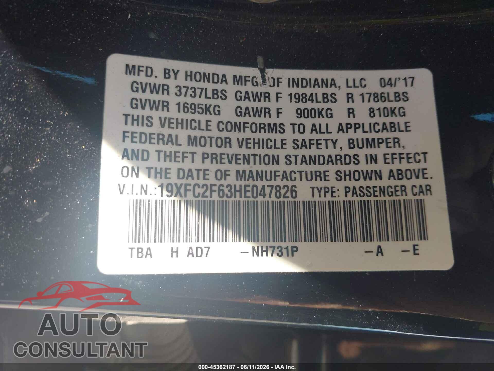 HONDA CIVIC 2017 - 19XFC2F63HE047826