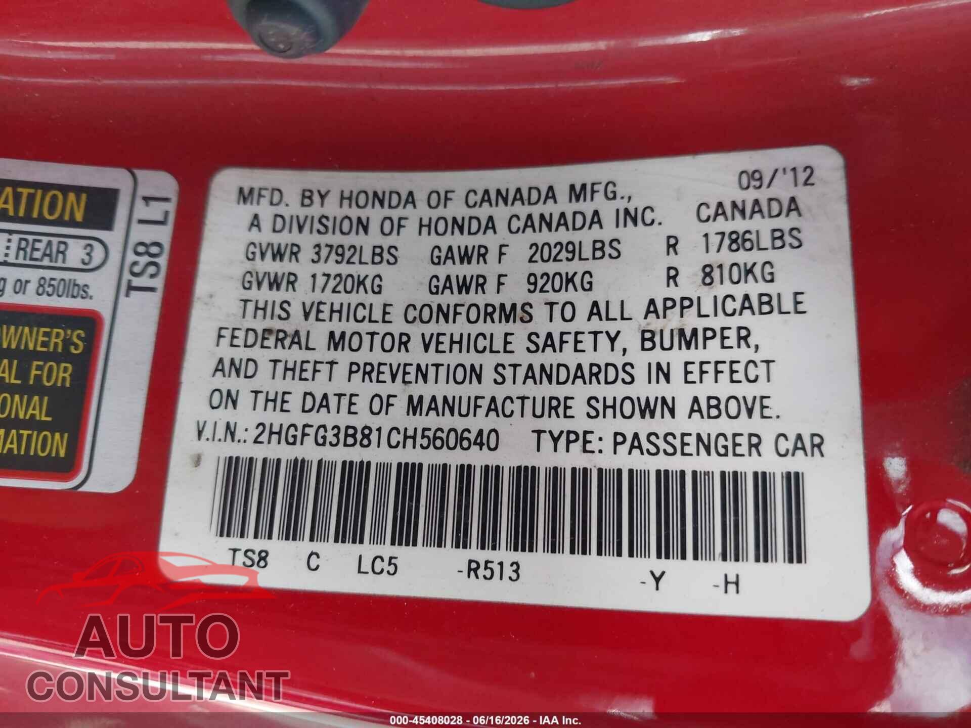 HONDA CIVIC 2012 - 2HGFG3B81CH560640