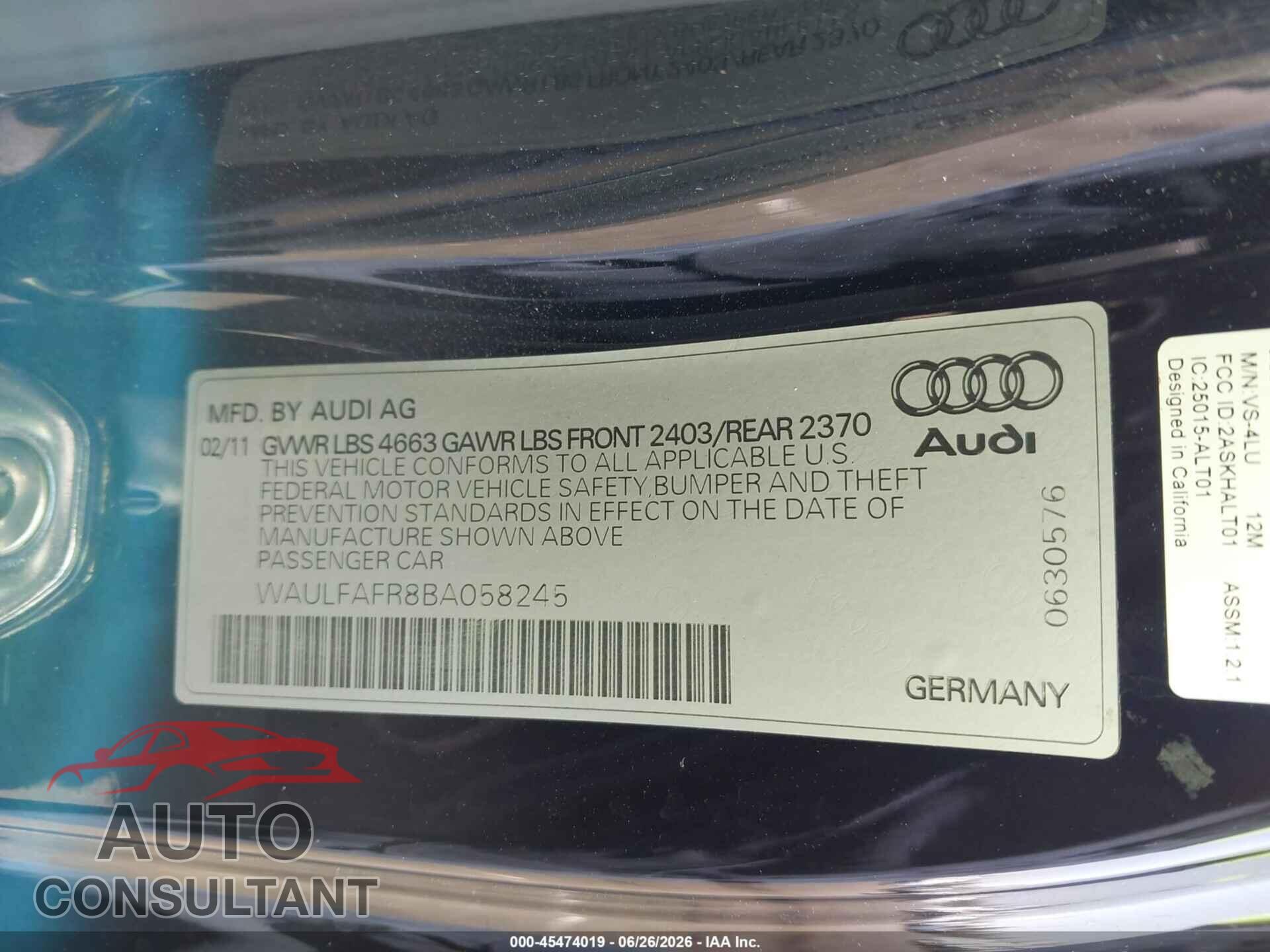 AUDI A5 2011 - WAULFAFR8BA058245
