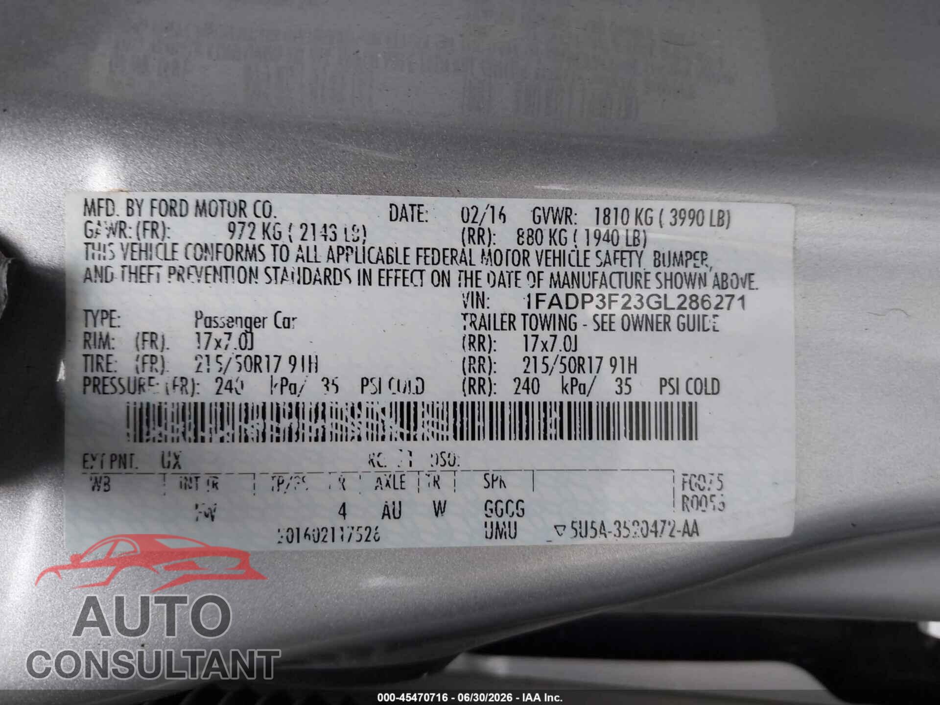 FORD FOCUS 2016 - 1FADP3F23GL286271