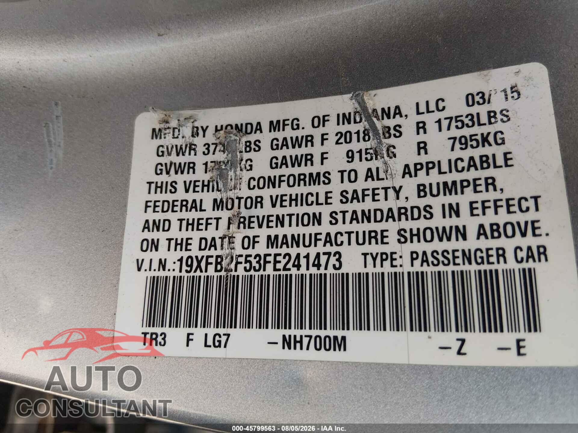 HONDA CIVIC 2015 - 19XFB2F53FE241473