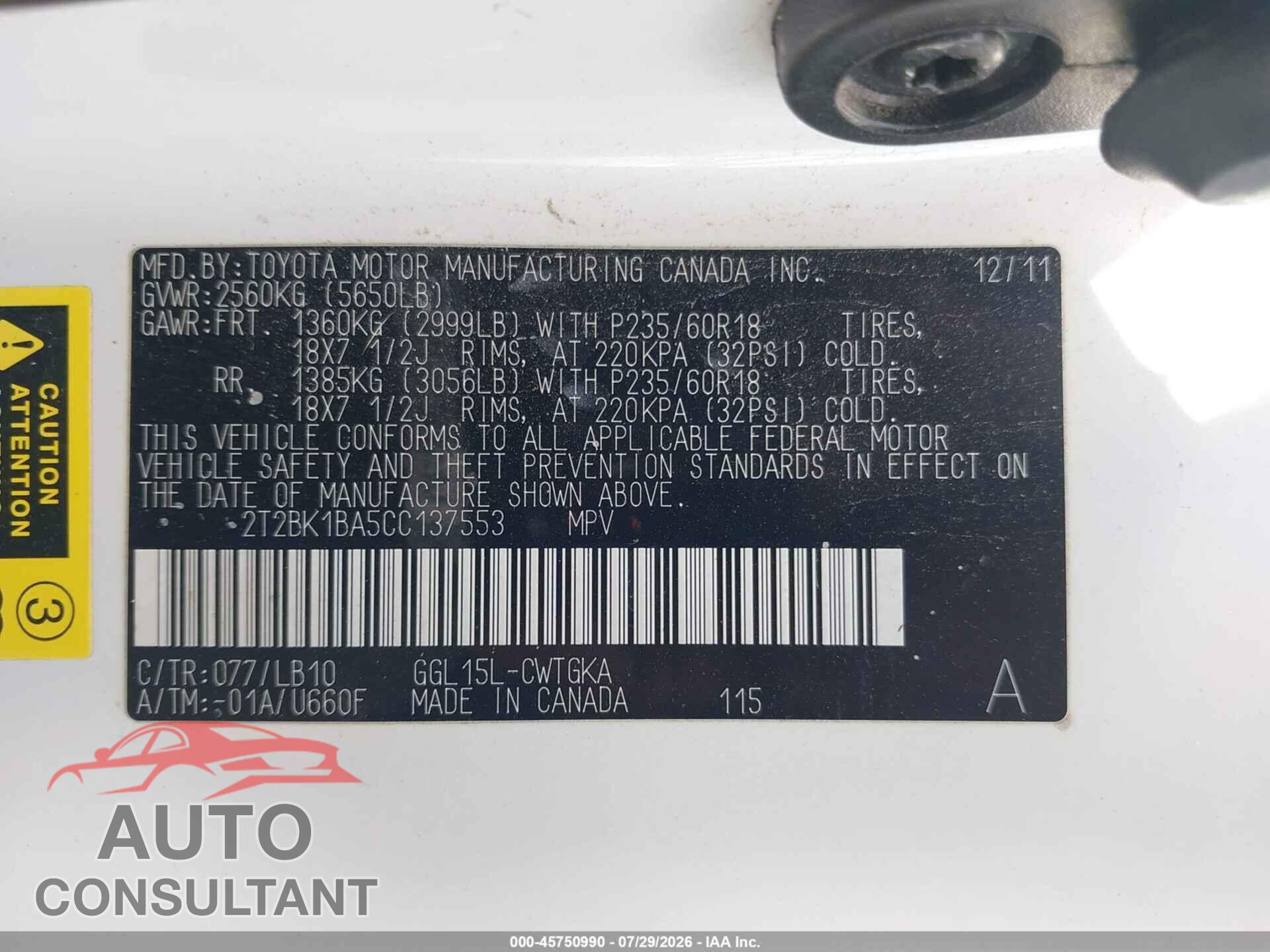 LEXUS RX 350 2012 - 2T2BK1BA5CC137553
