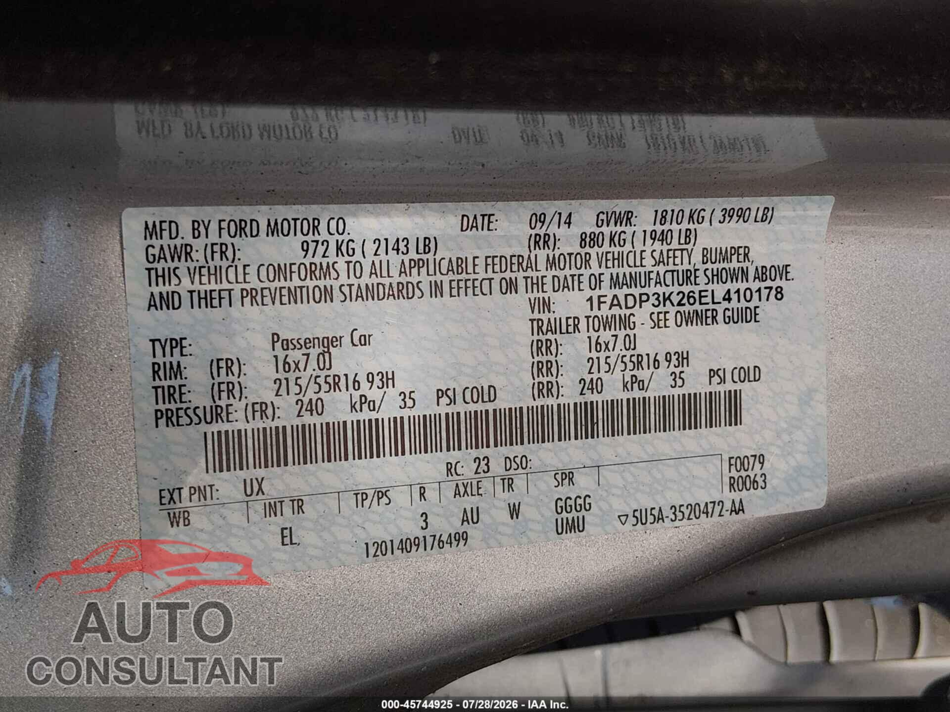 FORD FOCUS 2014 - 1FADP3K26EL410178
