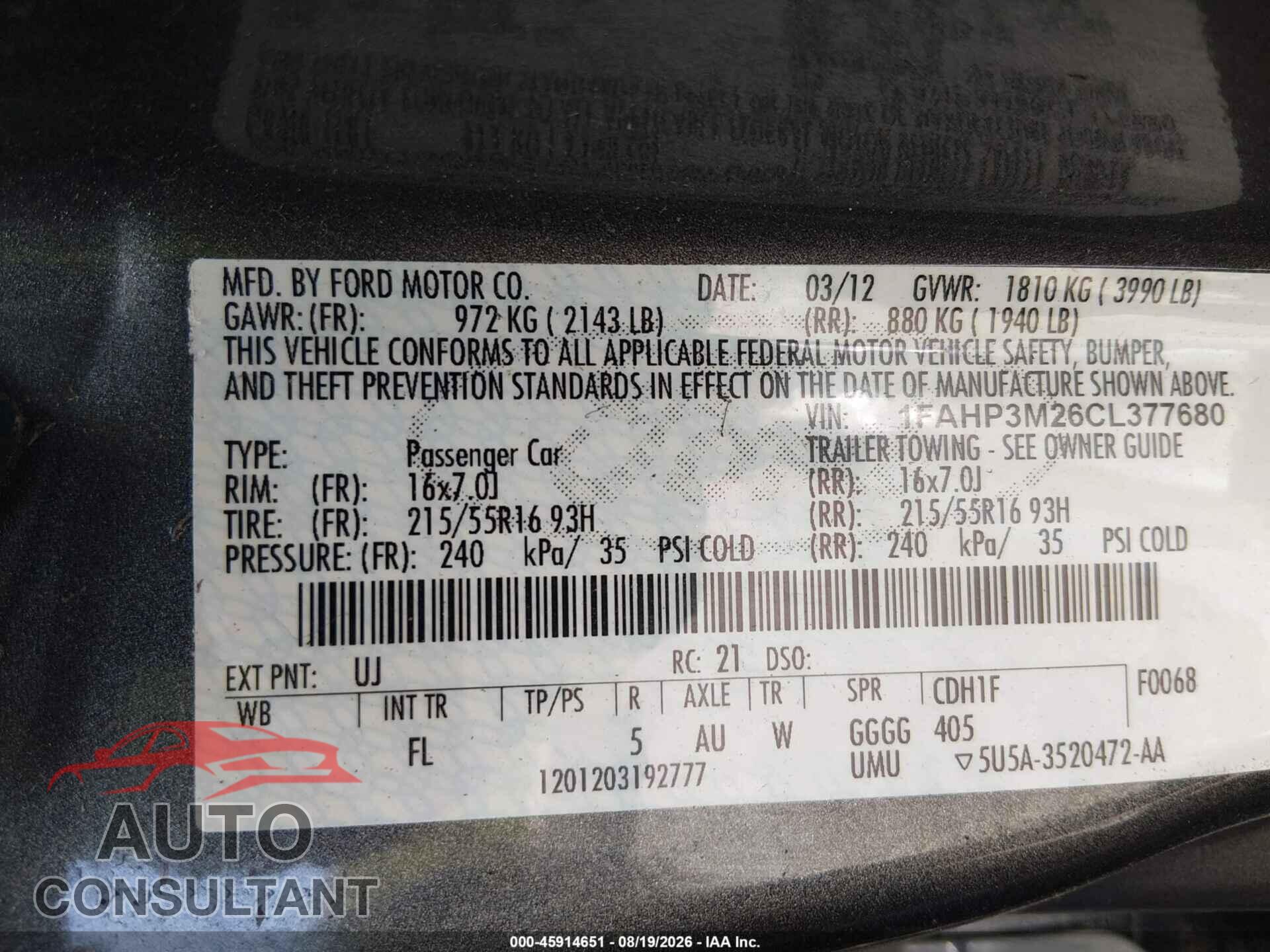 FORD FOCUS 2012 - 1FAHP3M26CL377680