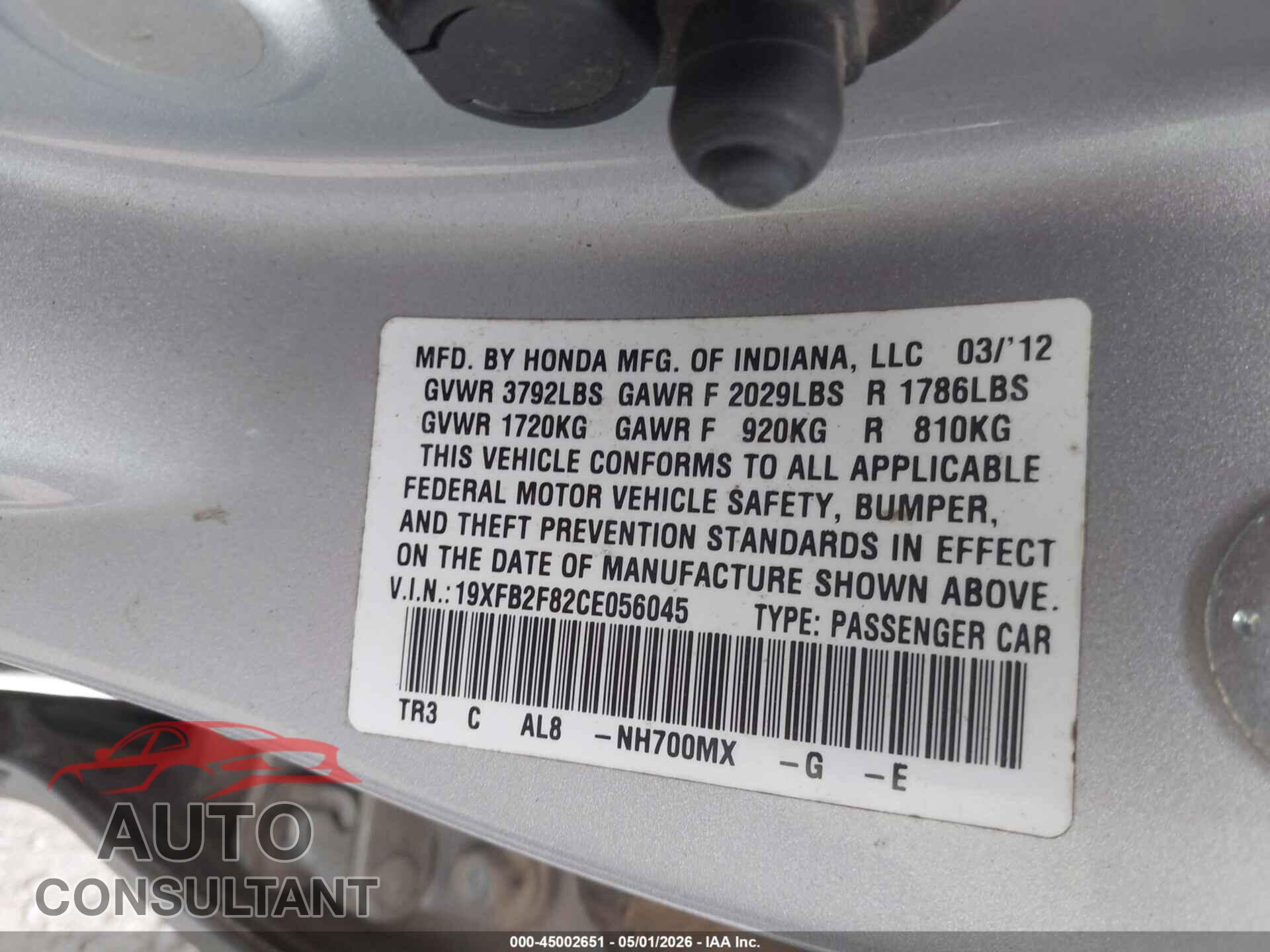 HONDA CIVIC 2012 - 19XFB2F82CE056045