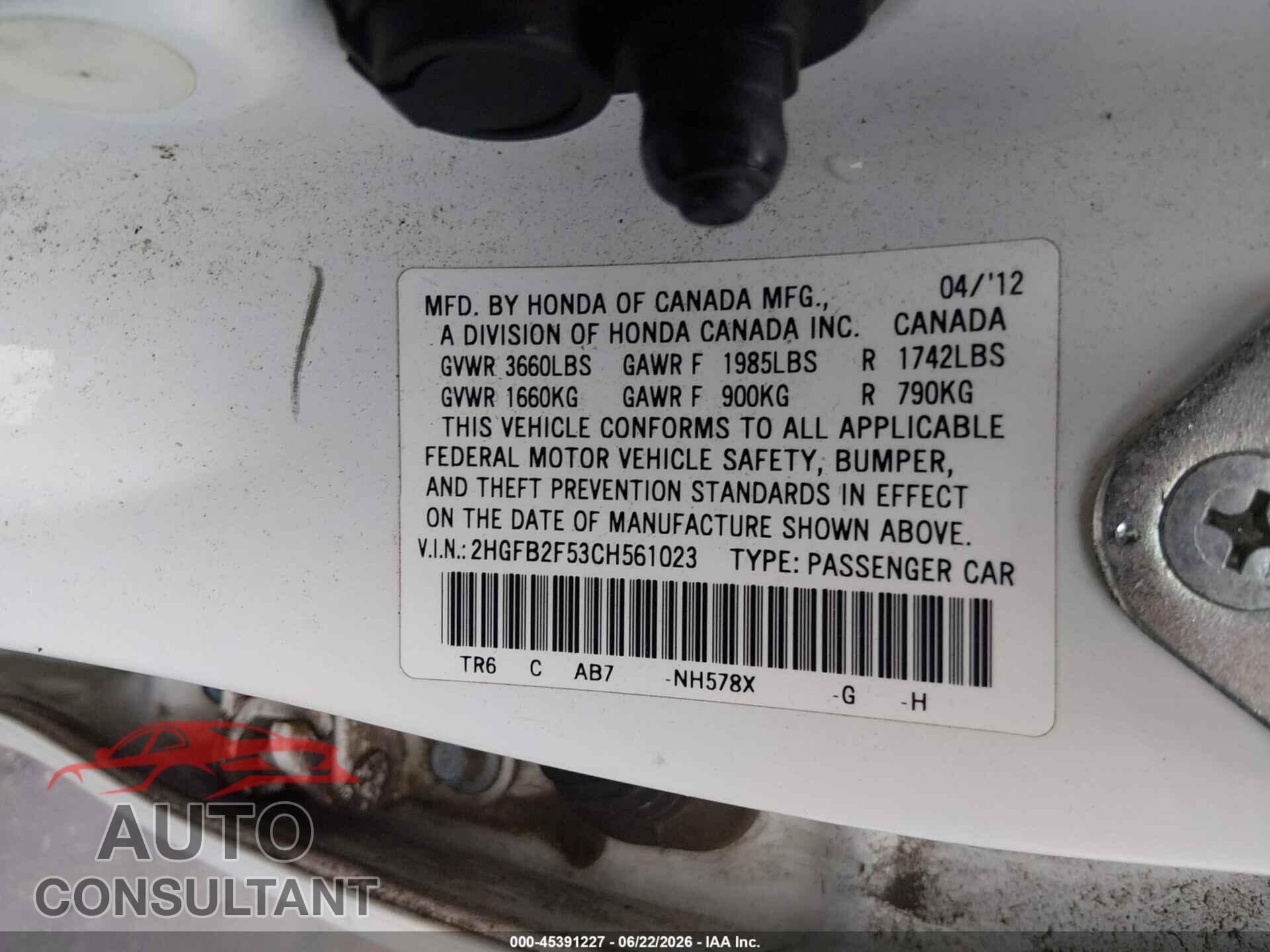 HONDA CIVIC 2012 - 2HGFB2F53CH561023