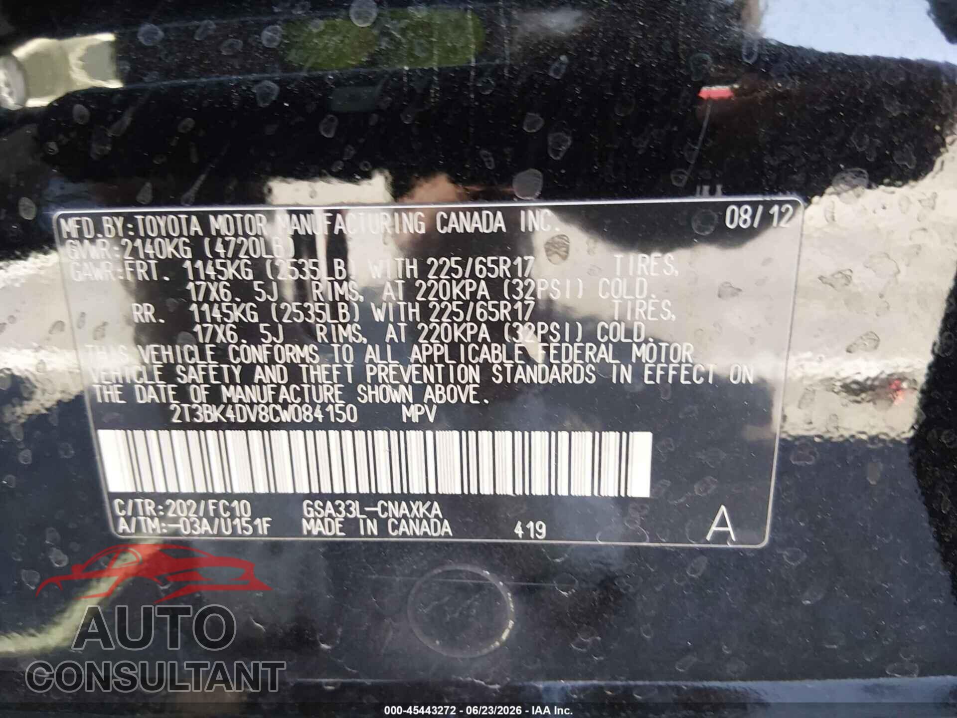 TOYOTA RAV4 2012 - 2T3BK4DV8CW084150