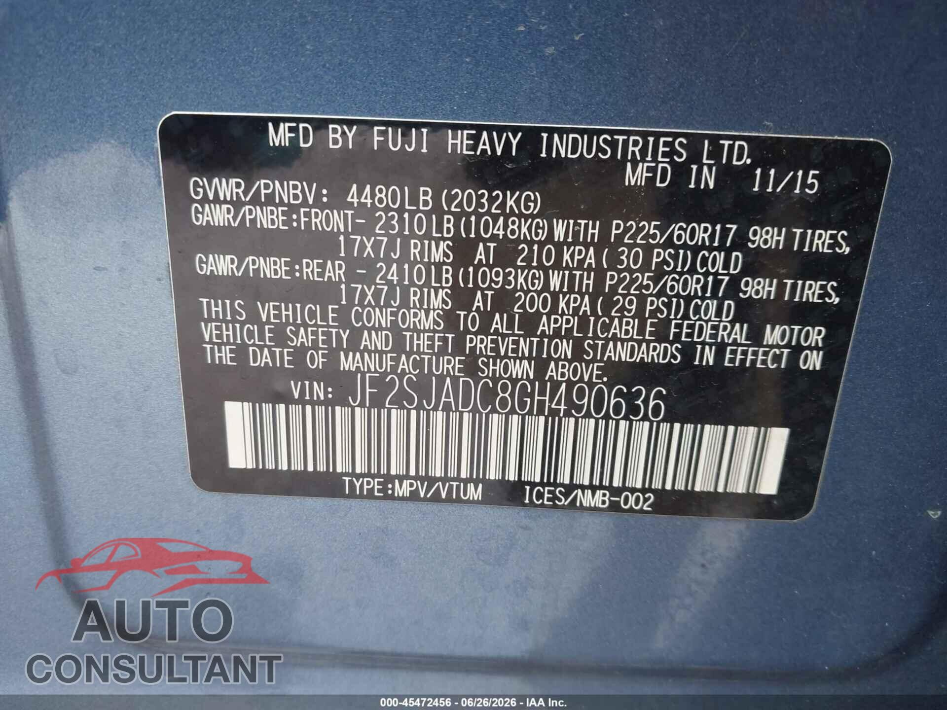 SUBARU FORESTER 2016 - JF2SJADC8GH490636