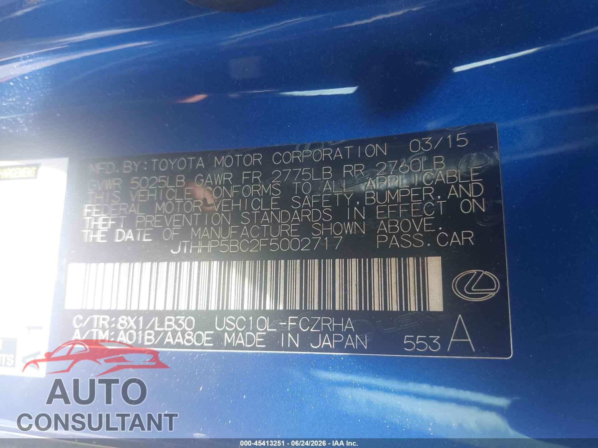 LEXUS RC F 2015 - JTHHP5BC2F5002717