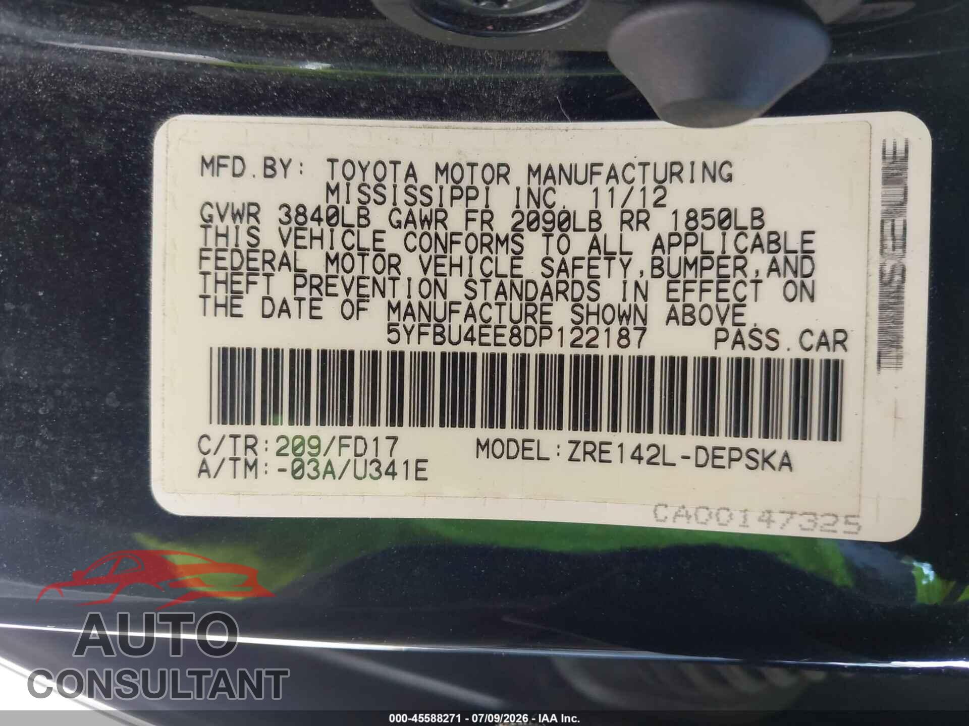 TOYOTA COROLLA 2013 - 5YFBU4EE8DP122187