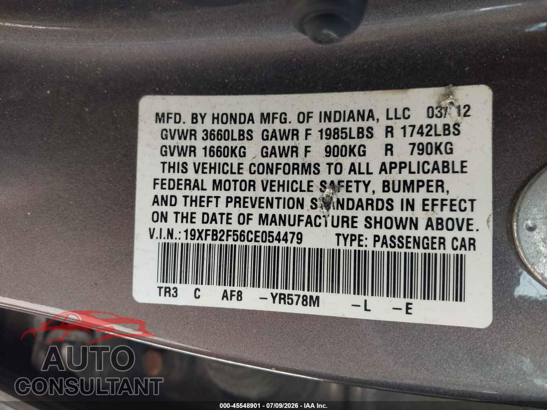 HONDA CIVIC 2012 - 19XFB2F56CE054479