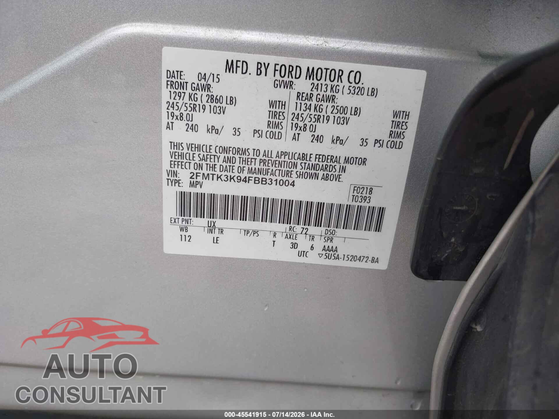 FORD EDGE 2015 - 2FMTK3K94FBB31004