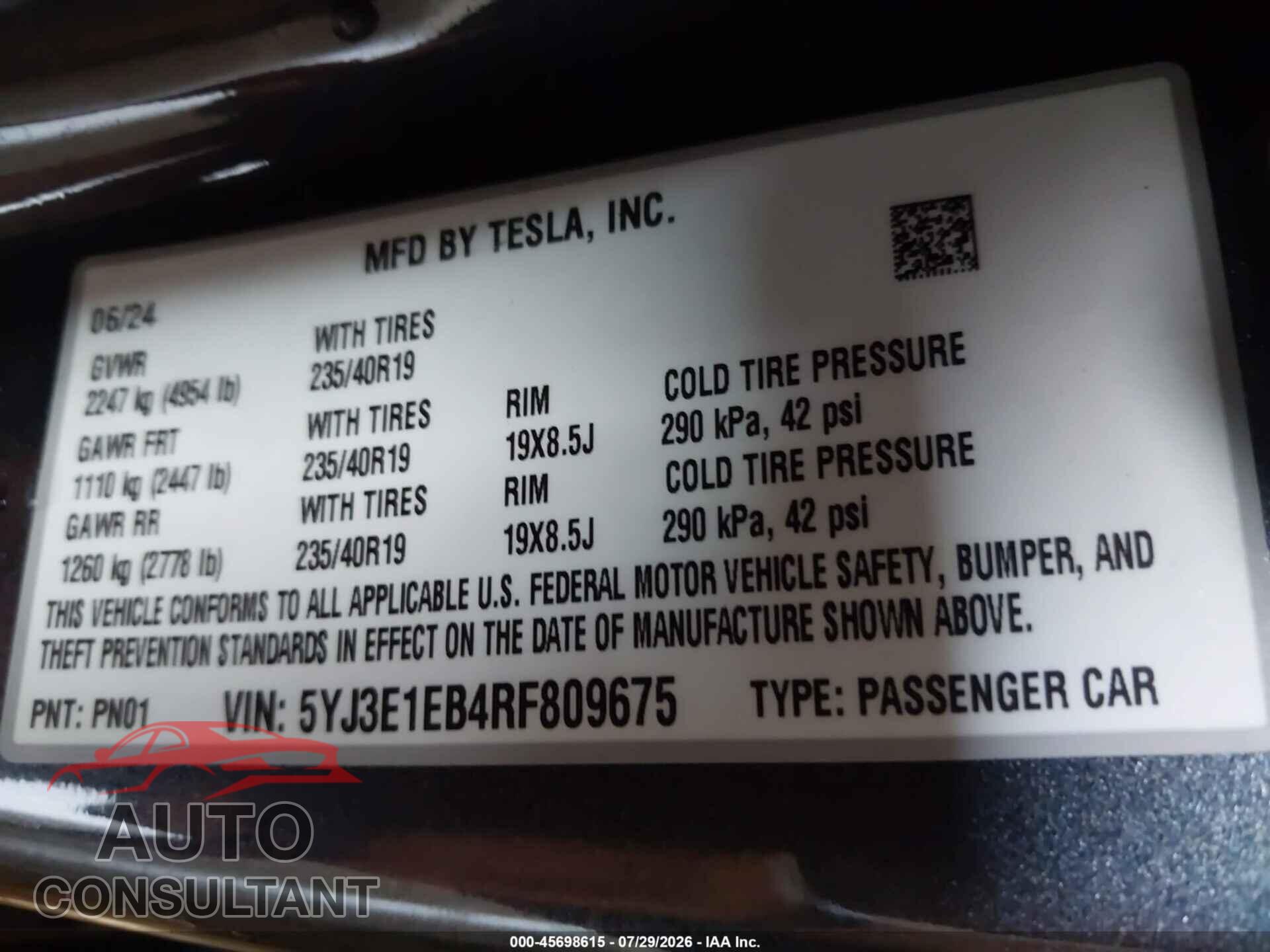 TESLA MODEL 3 2024 - 5YJ3E1EB4RF809675