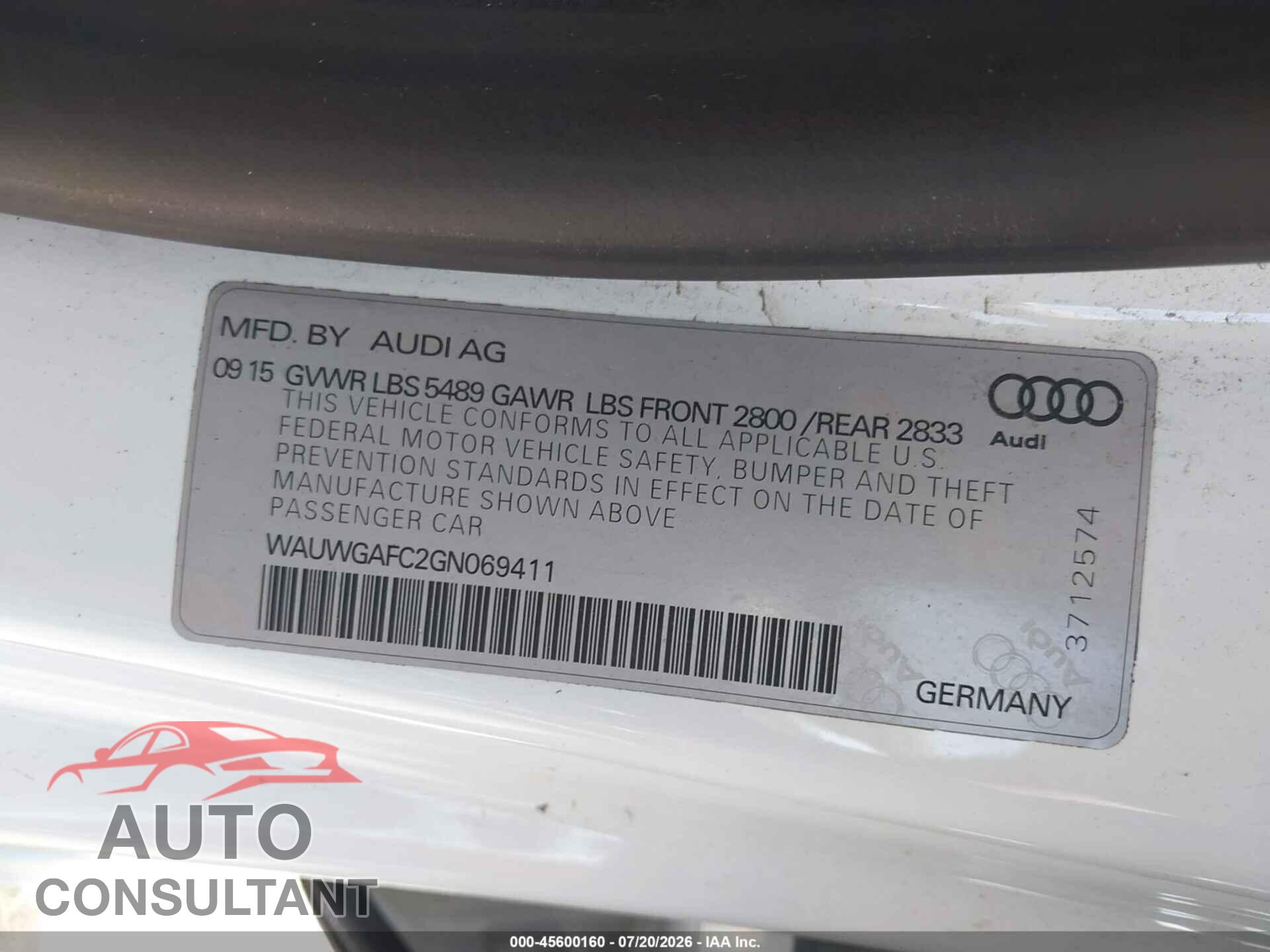 AUDI A7 2016 - WAUWGAFC2GN069411