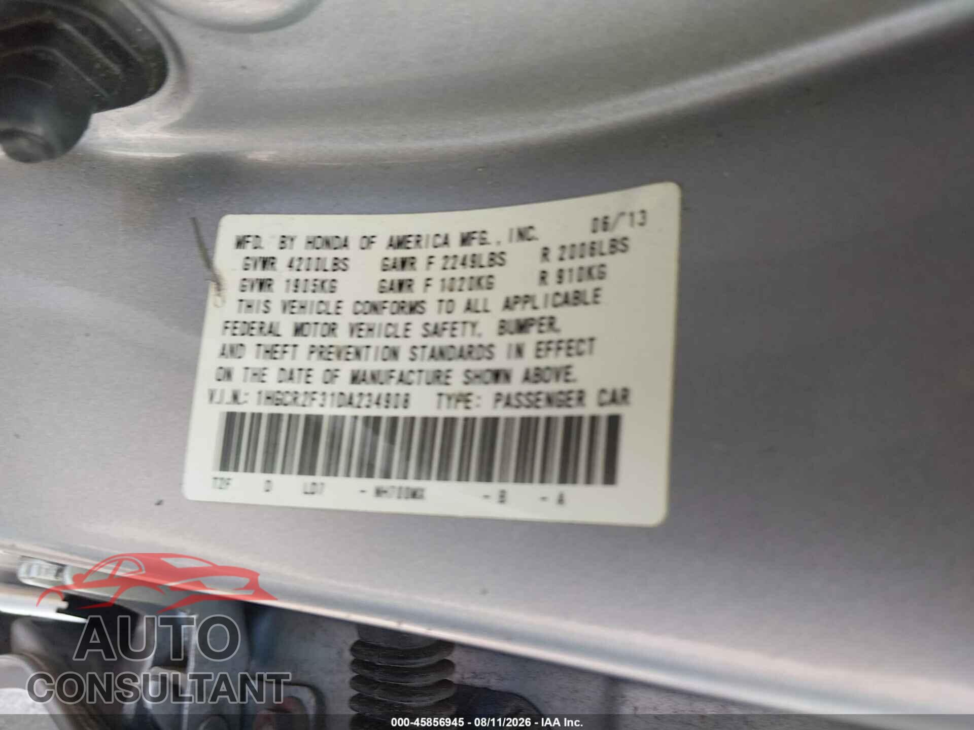 HONDA ACCORD 2013 - 1HGCR2F31DA234908