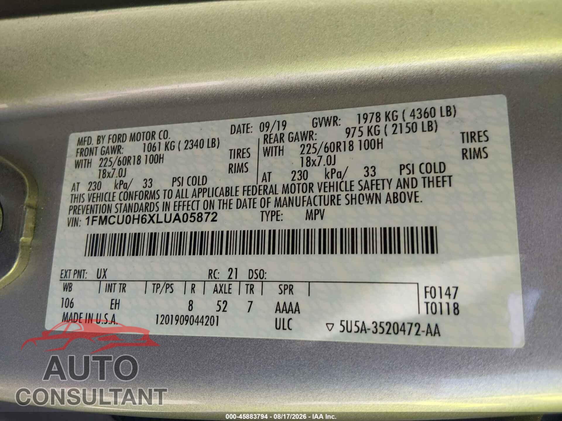 FORD ESCAPE 2020 - 1FMCU0H6XLUA05872