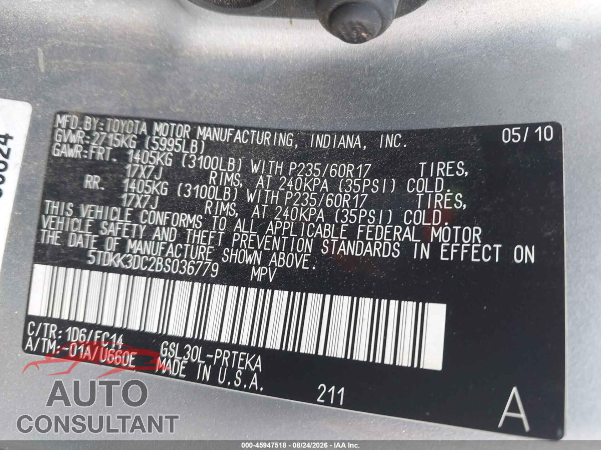 TOYOTA SIENNA 2011 - 5TDKK3DC2BS036779