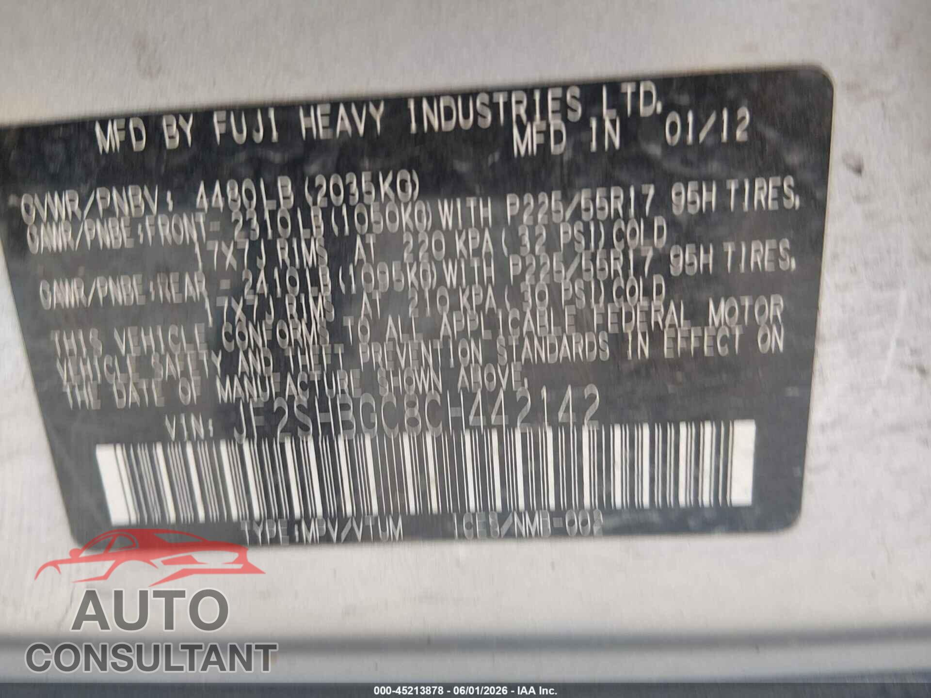 SUBARU FORESTER 2012 - JF2SHBGC8CH442142