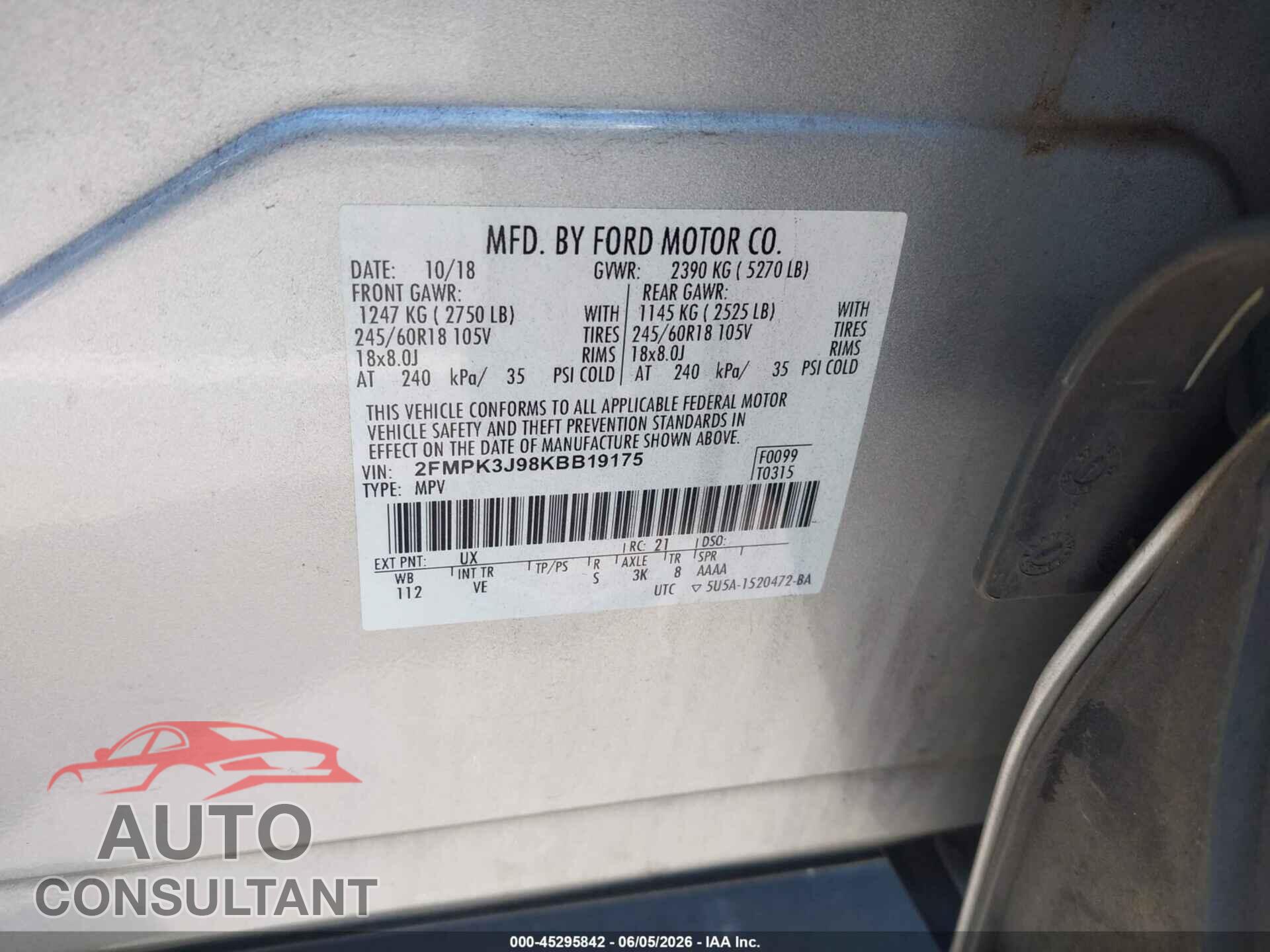 FORD EDGE 2019 - 2FMPK3J98KBB19175