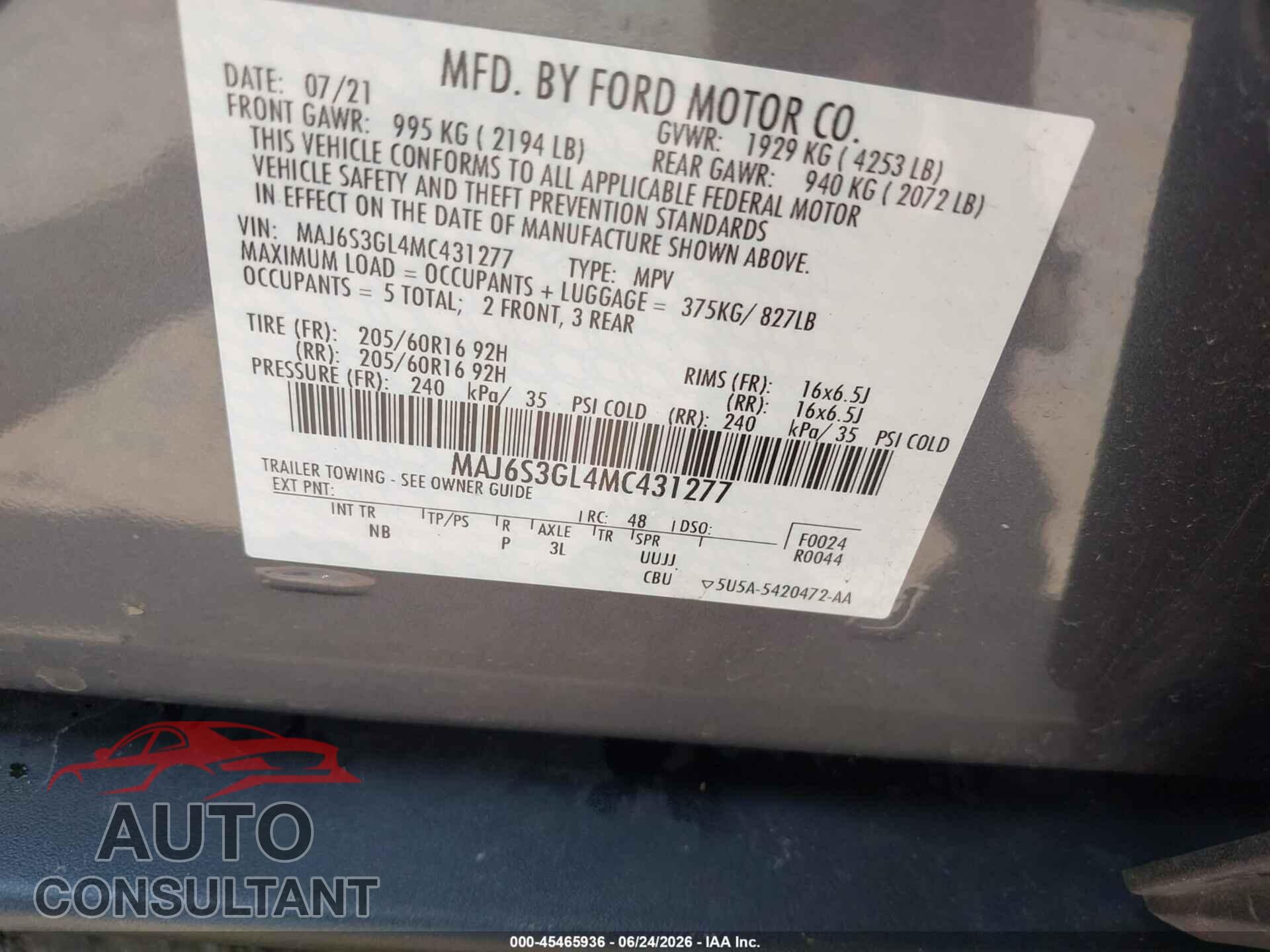 FORD ECOSPORT 2021 - MAJ6S3GL4MC431277