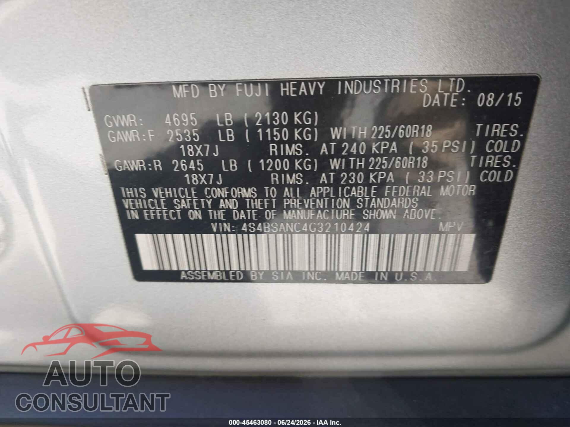 SUBARU OUTBACK 2016 - 4S4BSANC4G3210424