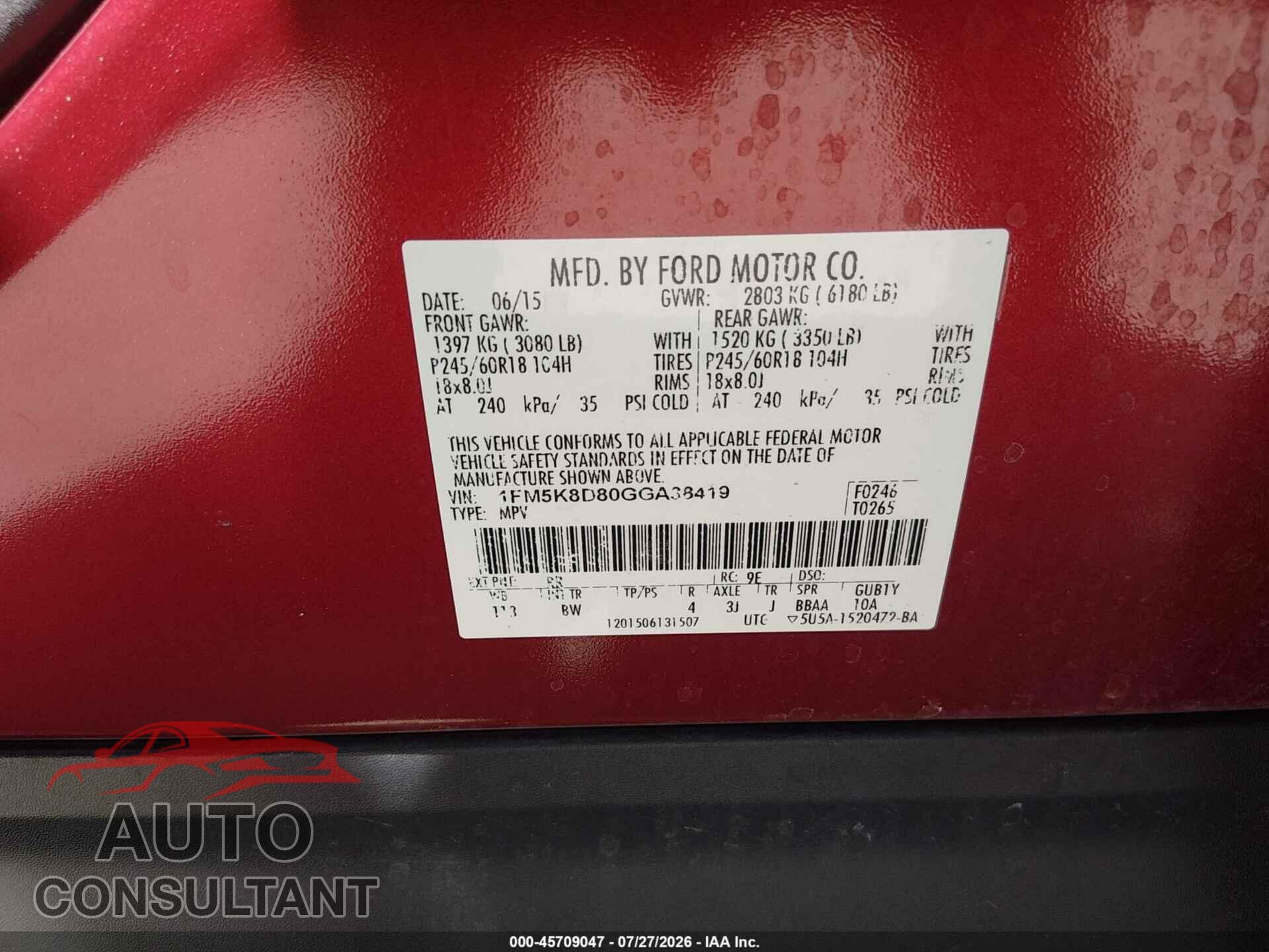 FORD EXPLORER 2016 - 1FM5K8D80GGA38419