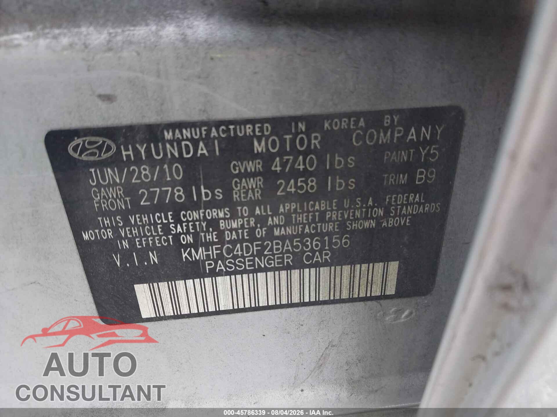 HYUNDAI AZERA 2011 - KMHFC4DF2BA536156