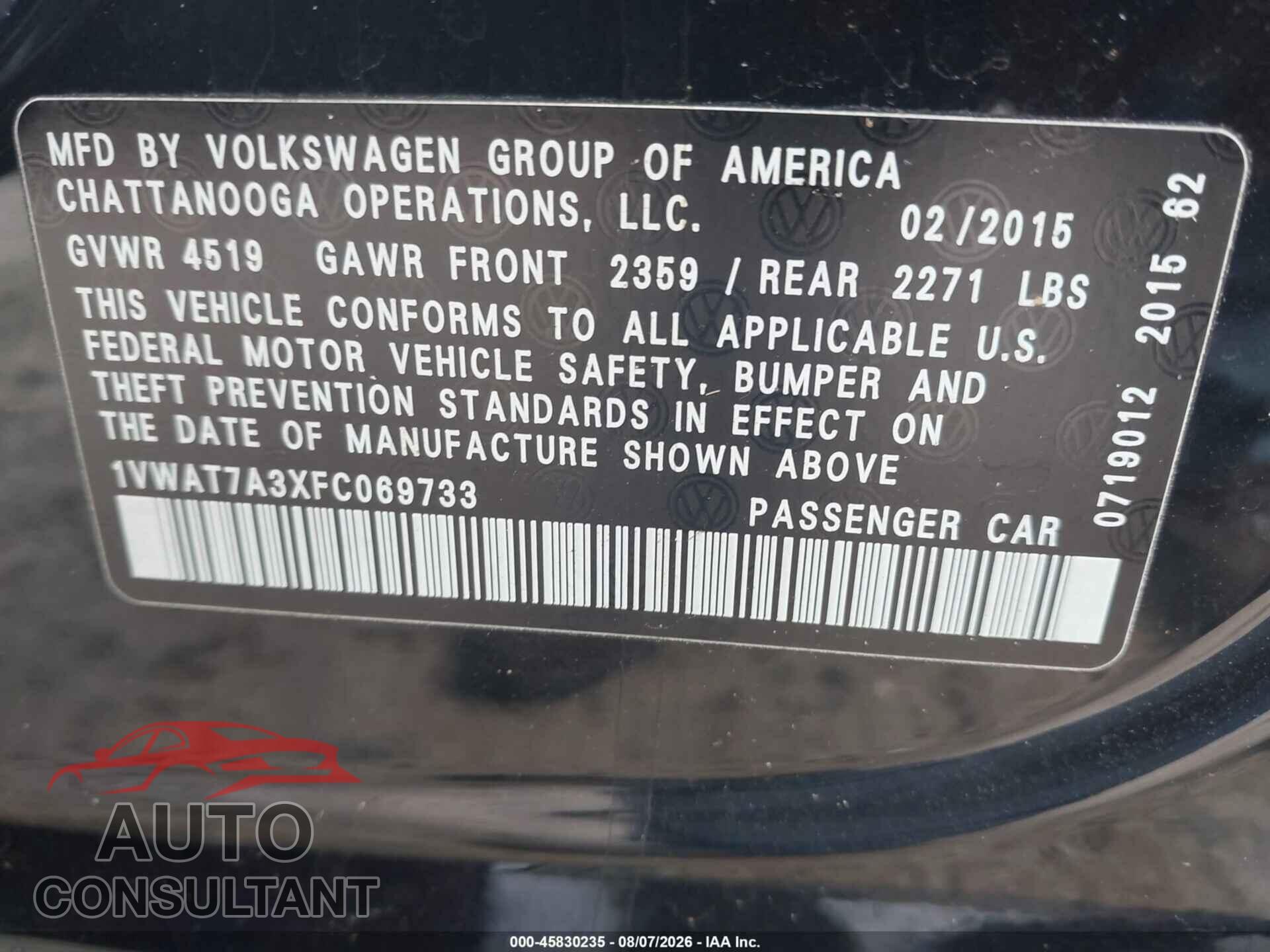 VOLKSWAGEN PASSAT 2015 - 1VWAT7A3XFC069733