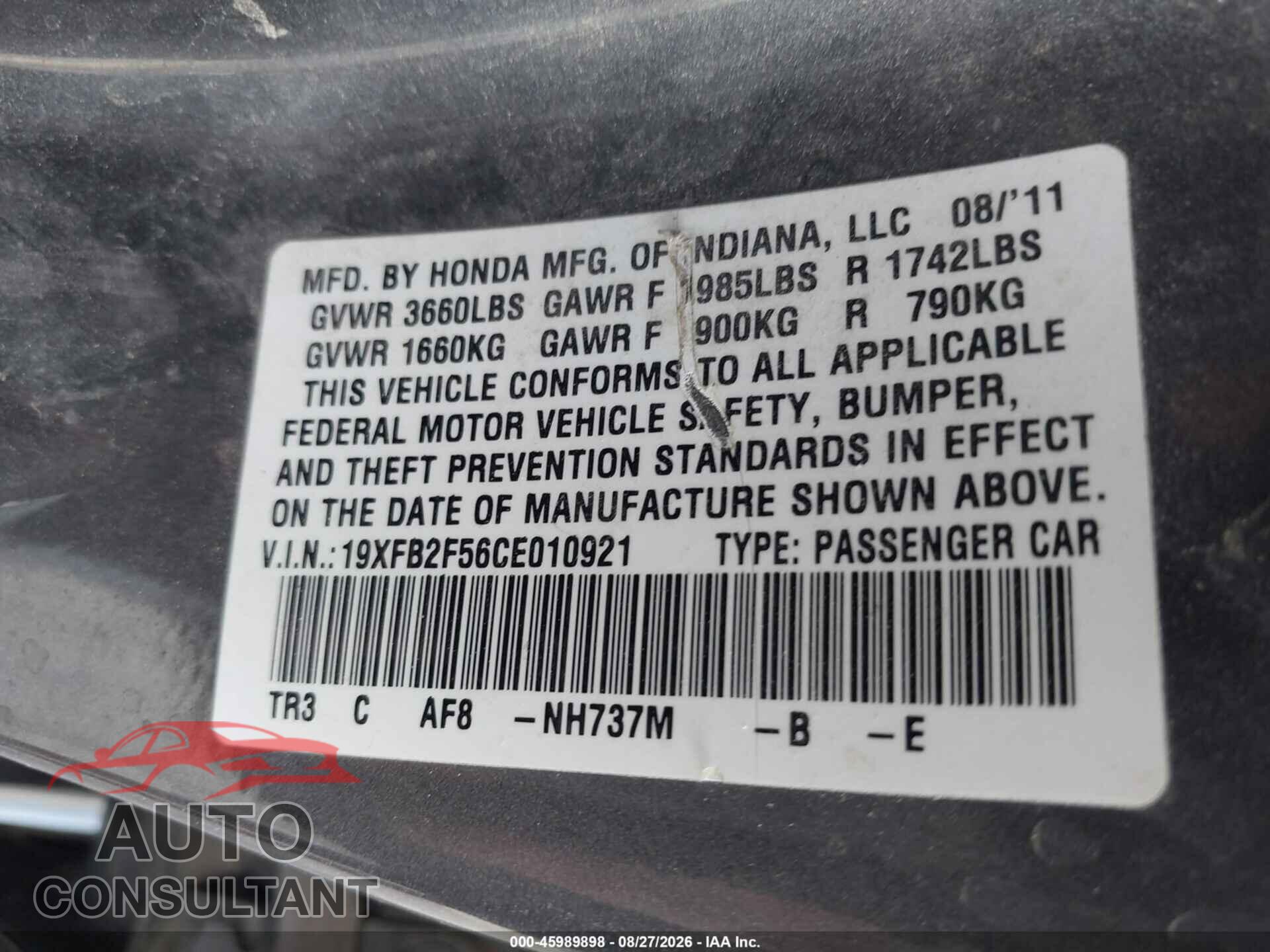 HONDA CIVIC 2012 - 19XFB2F56CE010921
