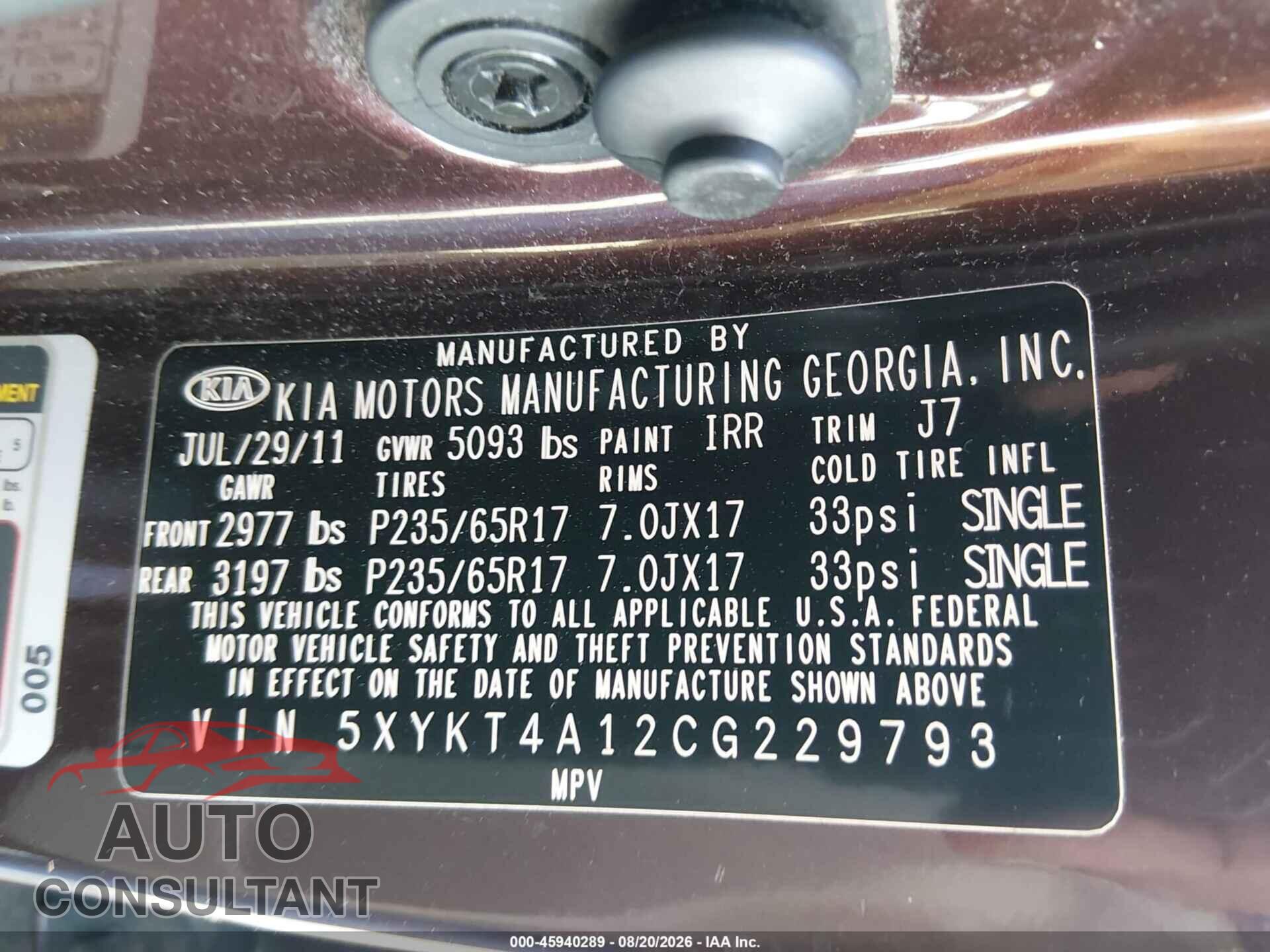 KIA SORENTO 2012 - 5XYKT4A12CG229793