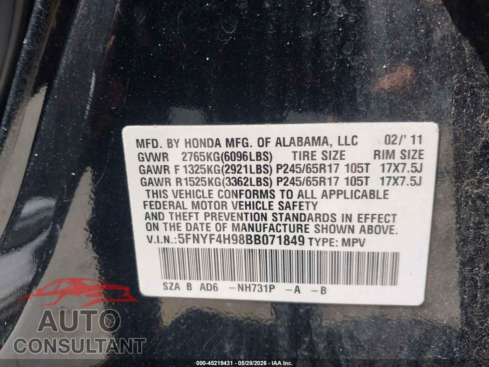 HONDA PILOT 2011 - 5FNYF4H98BB071849