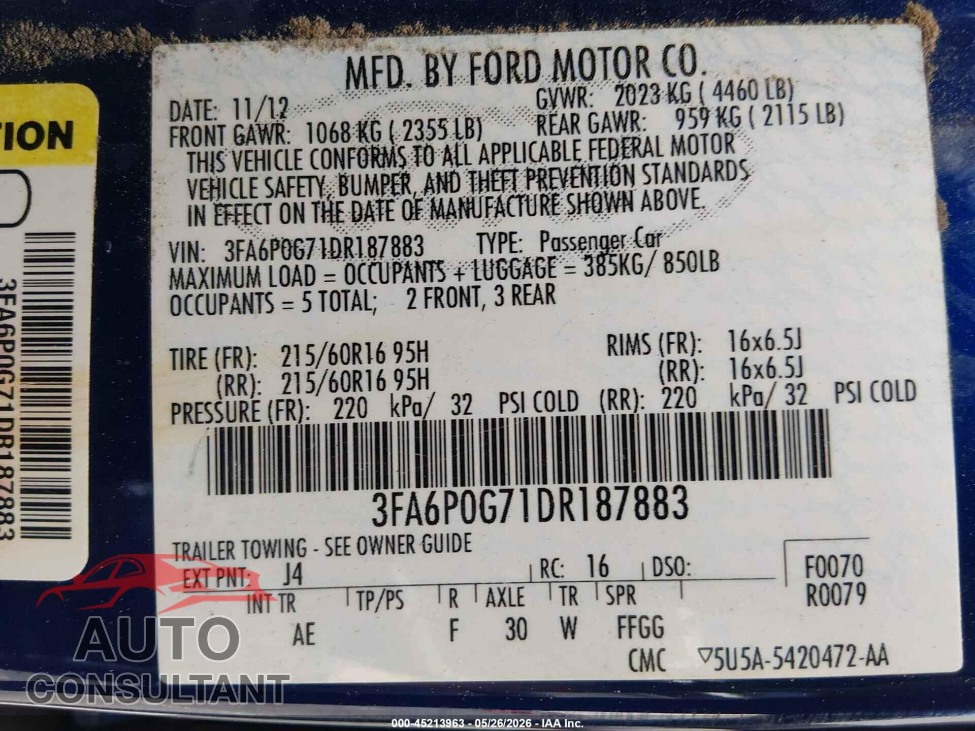 FORD FUSION 2013 - 3FA6P0G71DR187883