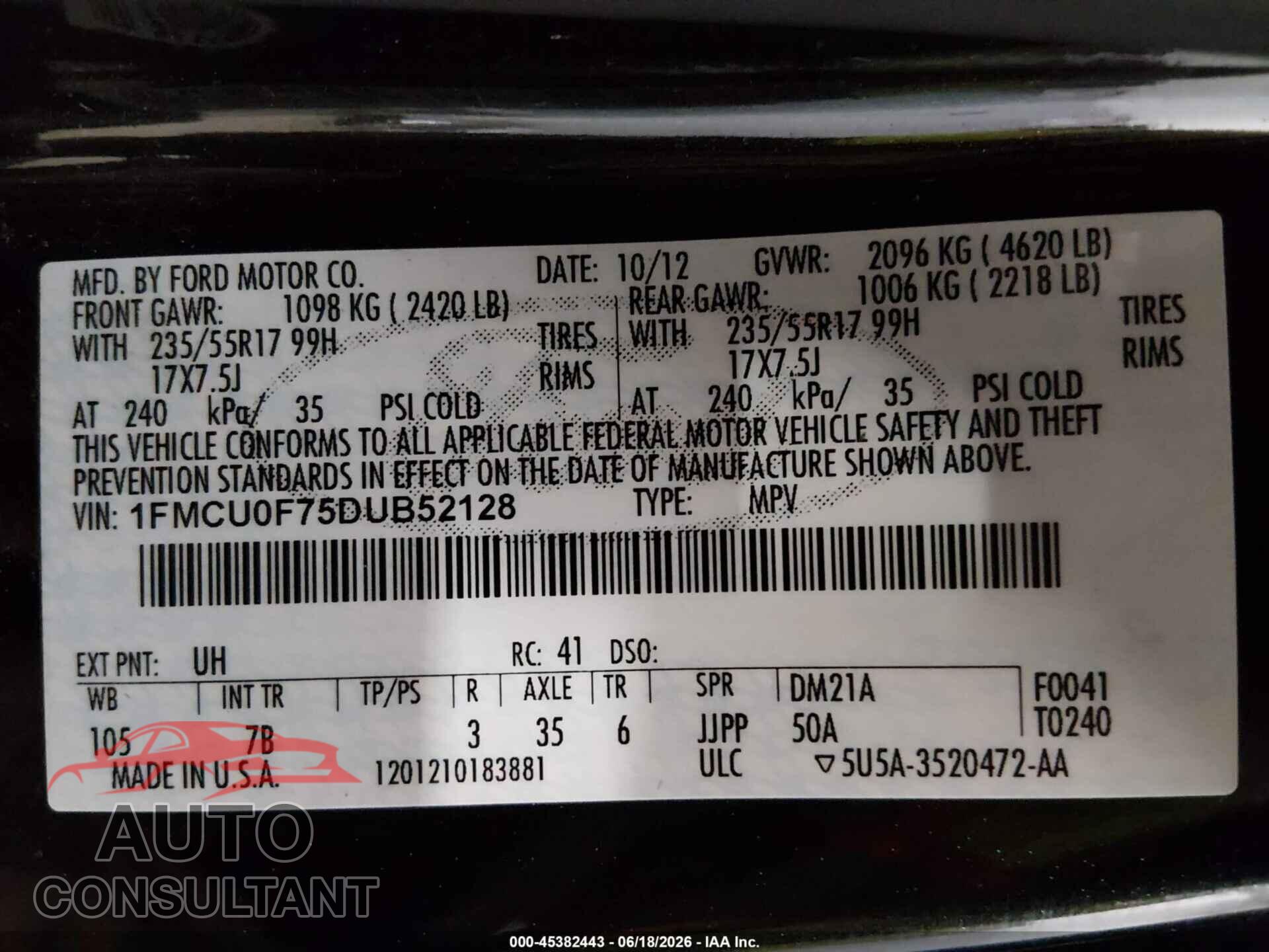 FORD ESCAPE 2013 - 1FMCU0F75DUB52128