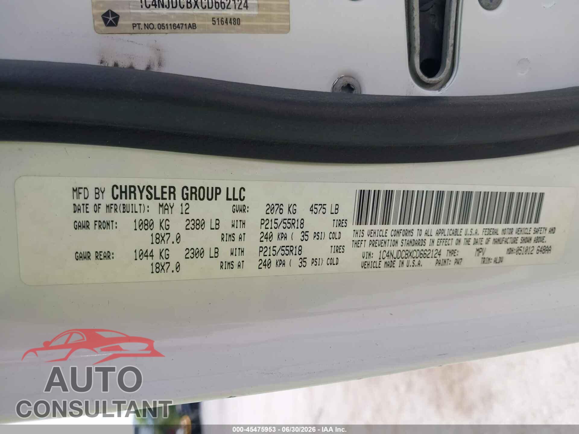 JEEP COMPASS 2012 - 1C4NJDCBXCD662124