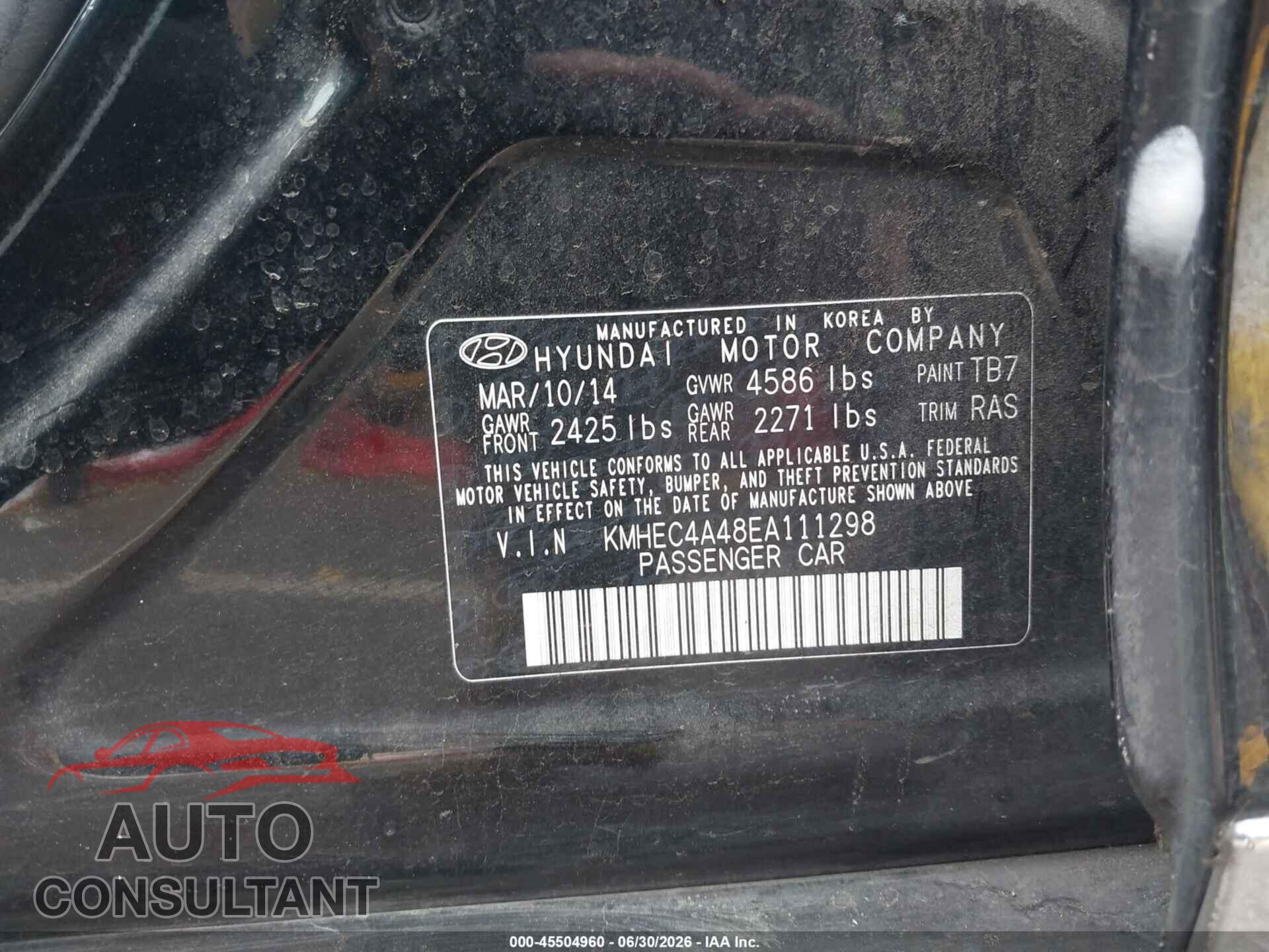 HYUNDAI SONATA 2014 - KMHEC4A48EA111298