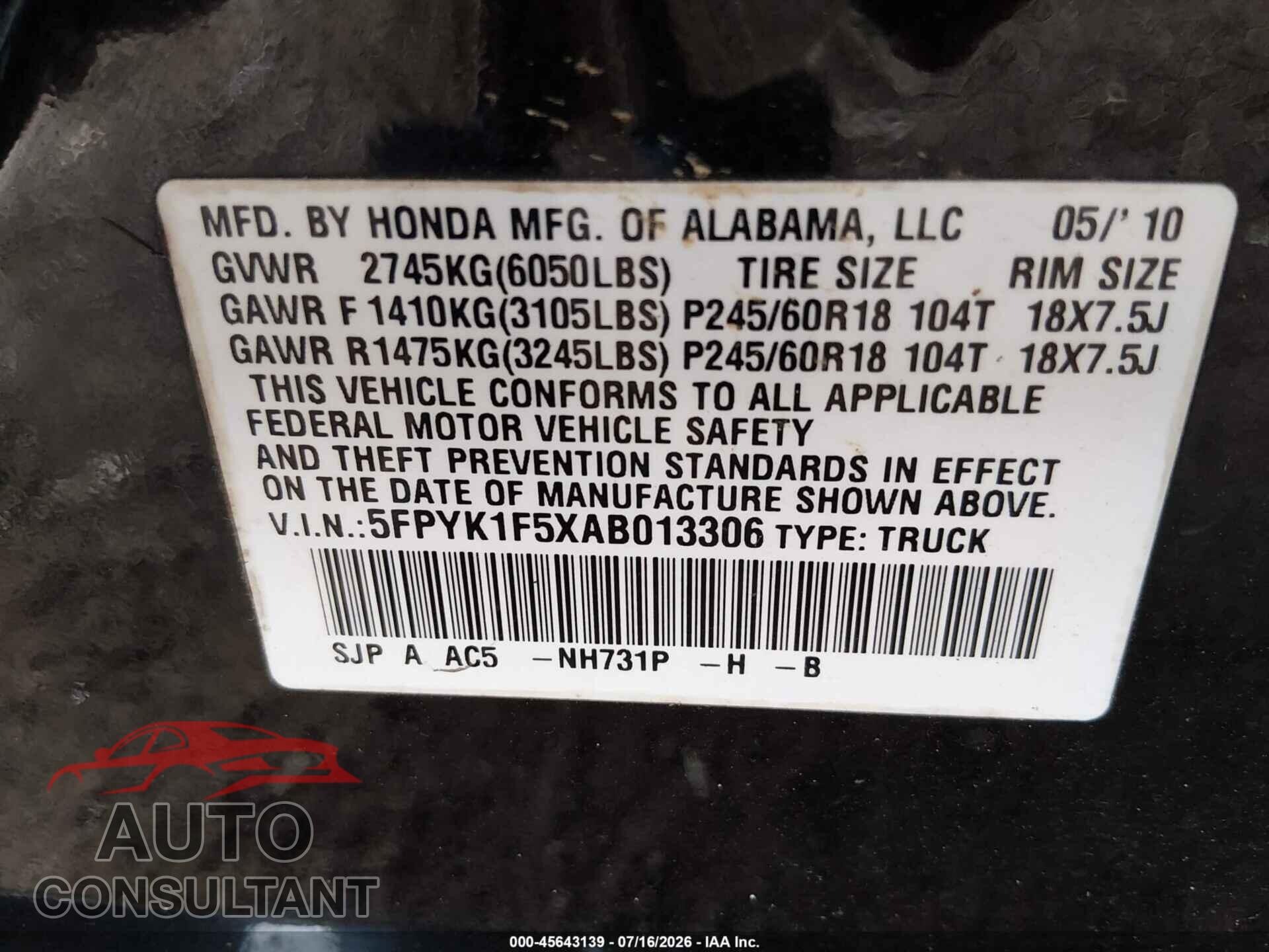 HONDA RIDGELINE 2010 - 5FPYK1F5XAB013306
