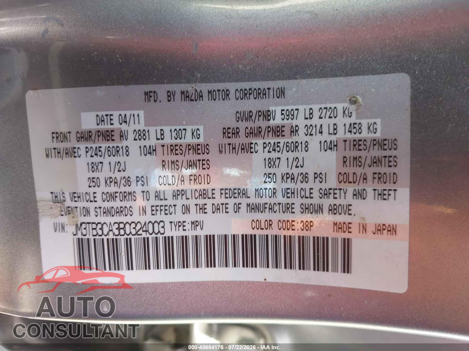 MAZDA CX-9 2011 - JM3TB3CA3B0324003